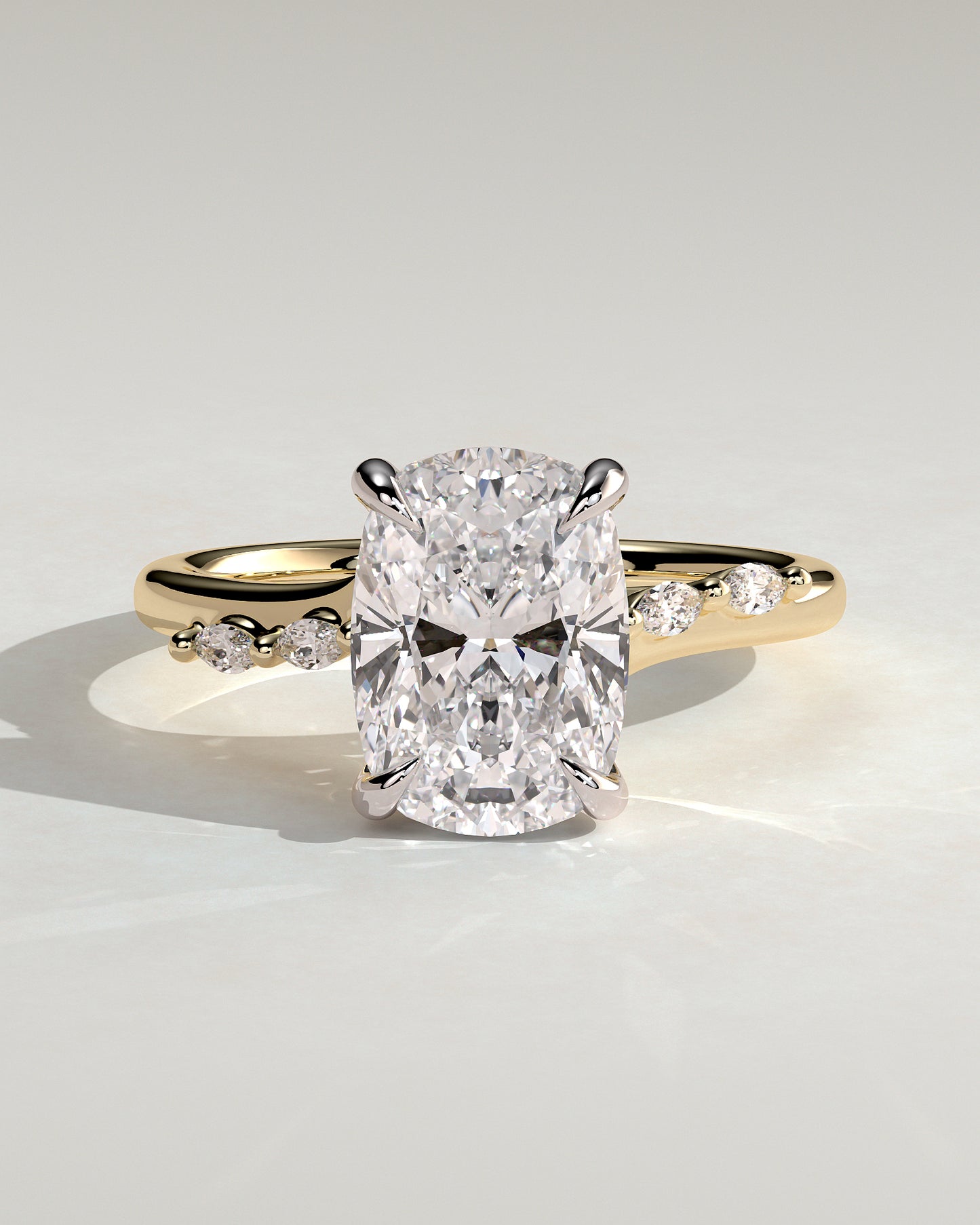 Elle - Elongated Cushion Claw Solitaire with Hidden Halo, Opposing Marquise Accents and Cathedral High Setting Engagement Ring - Yellow Two-Tone