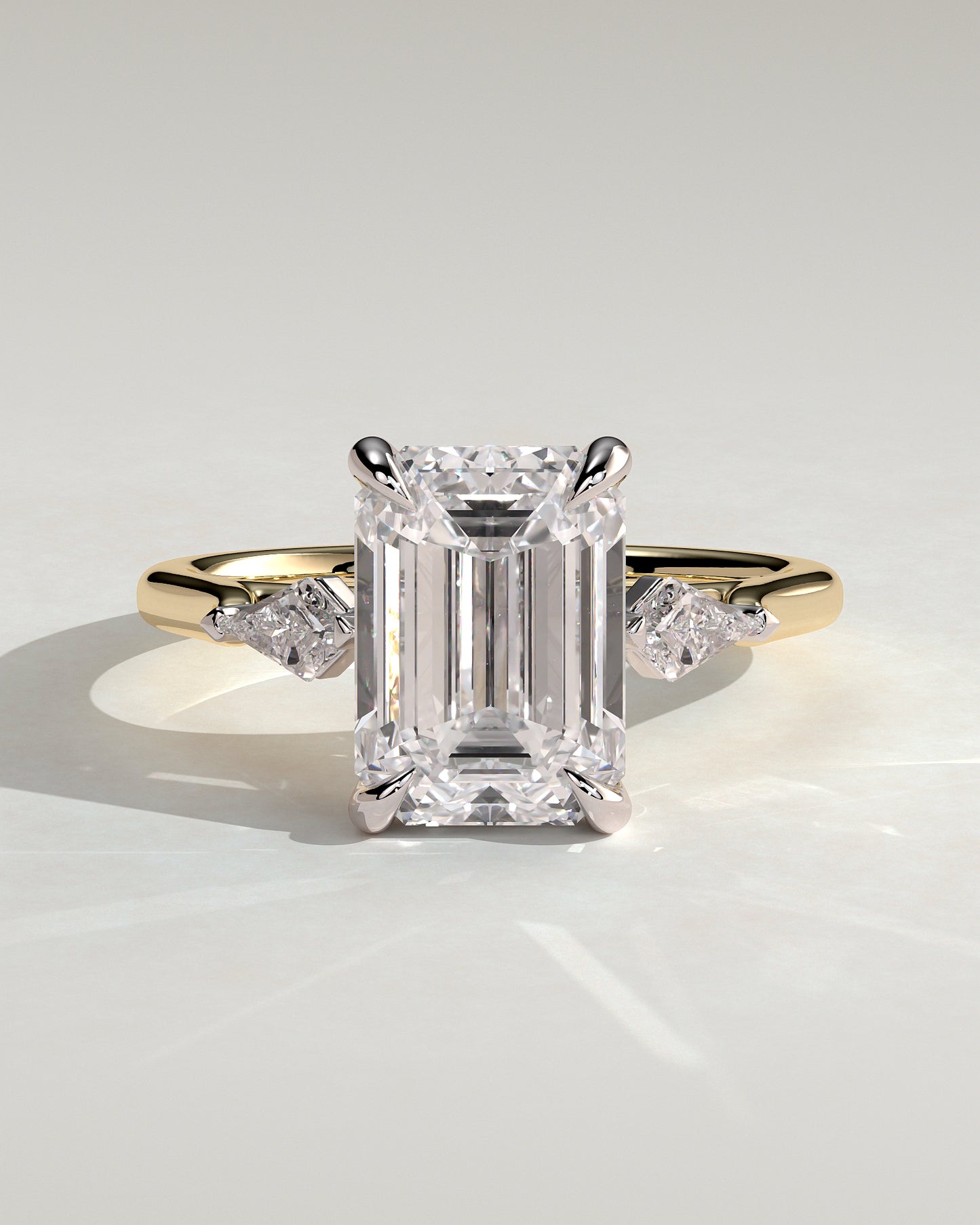 Elphie - Emerald Claw Trilogy with Kite Side Stones Engagement Ring - Yellow Two-Tone