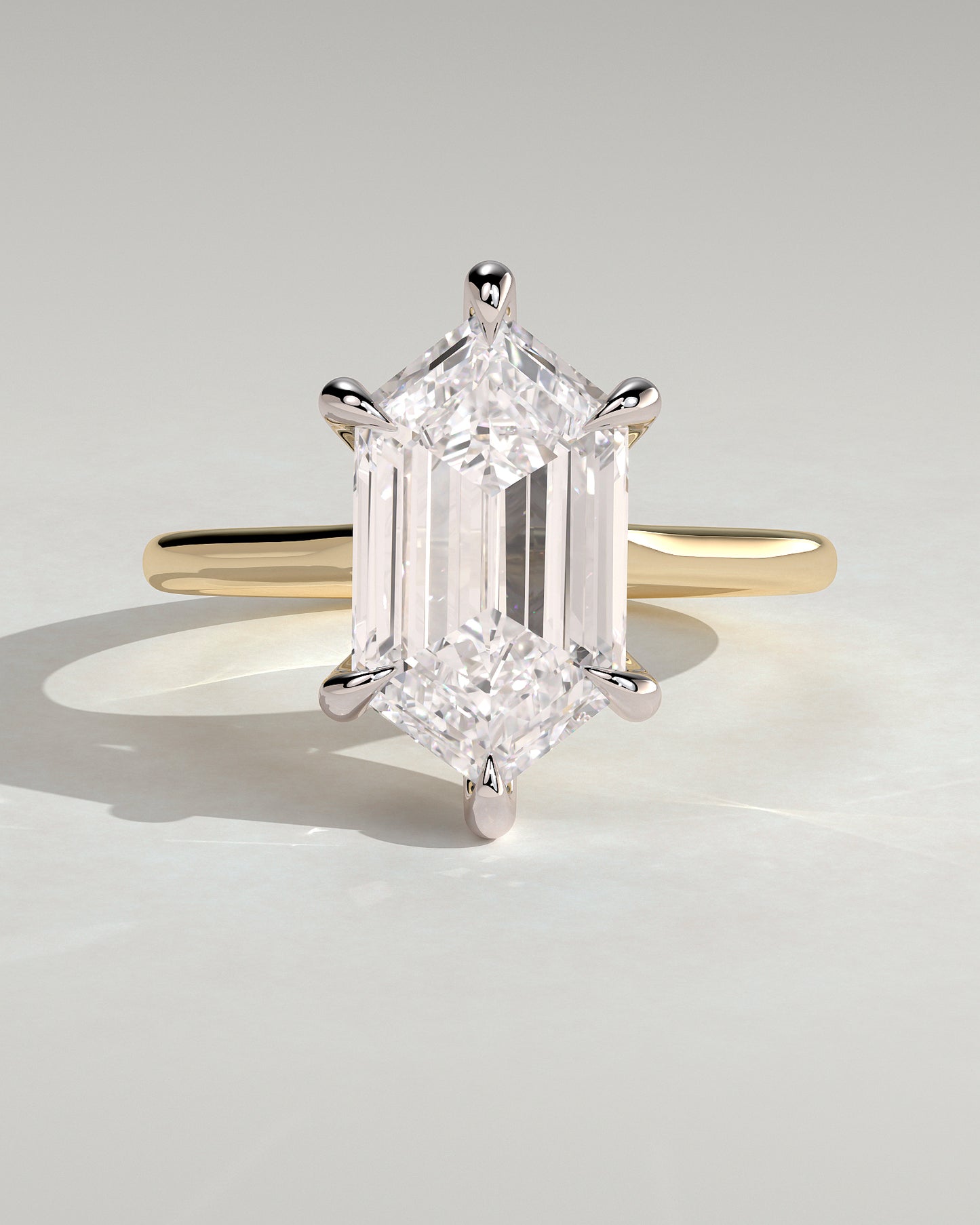 Anastasia - Elongated Hexagon Claw Solitaire with Hidden Halo and Cathedral High Setting Engagement Ring - Yellow Two-Tone