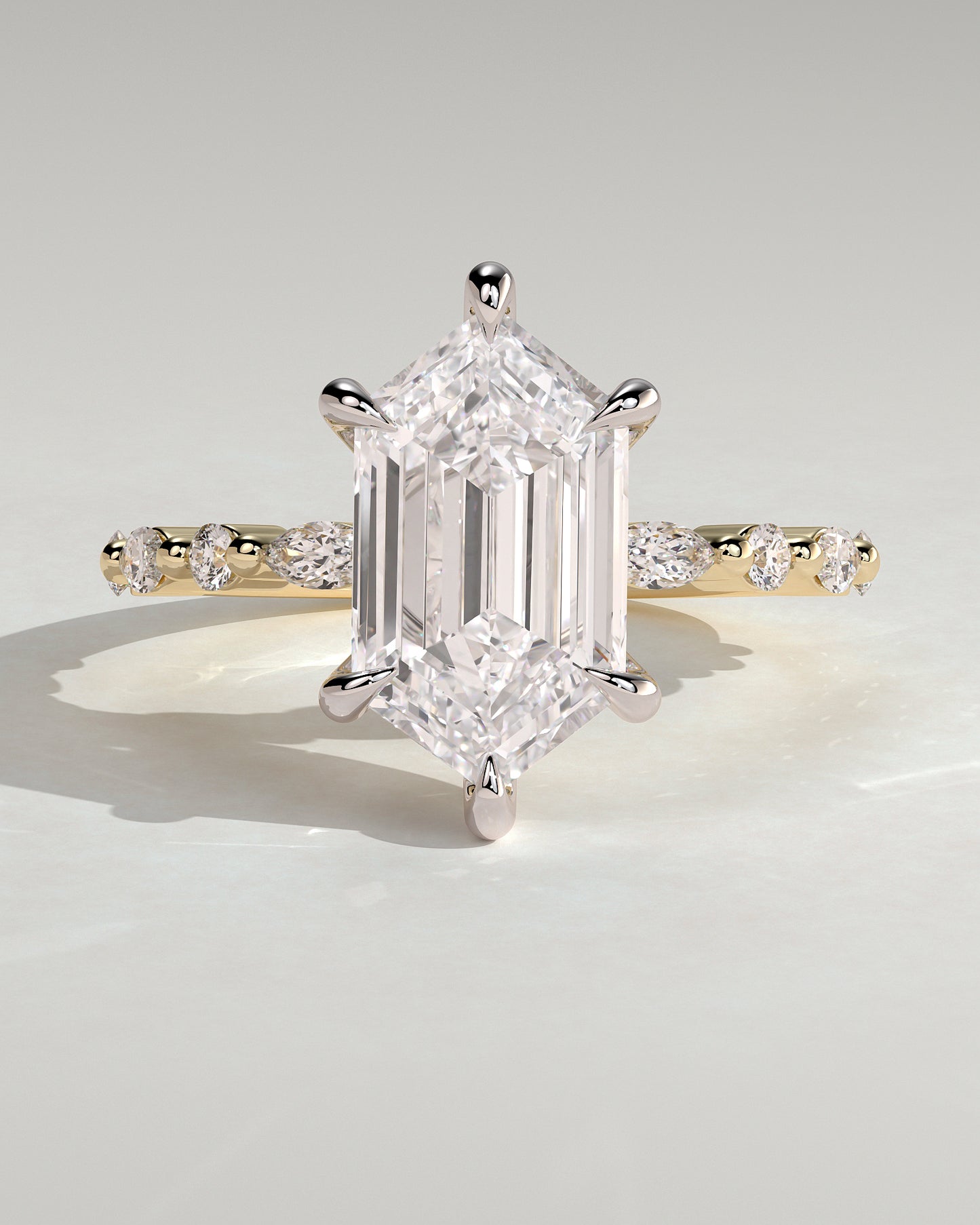 Agnes - Elongated Hexagon Claw Solitaire with Marquise and Round Accent Stones Engagement Ring - Yellow Two-Tone