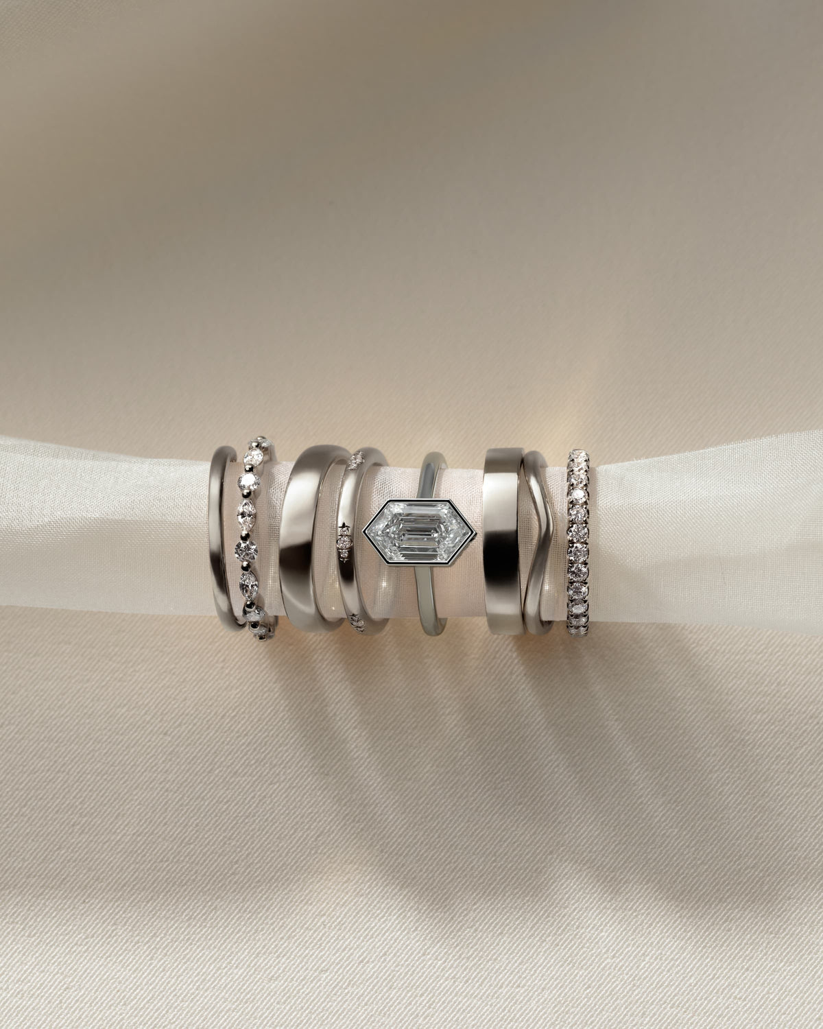 Gloria - Elongated Hexagon Bezel Solitaire with Hidden Halo and Cathedral High Setting Engagement Ring - White Gold