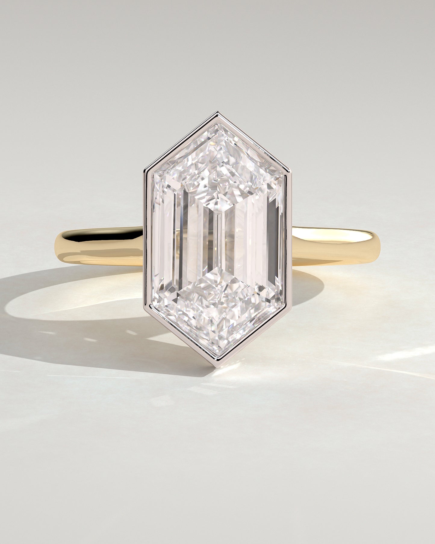 Gloria - Elongated Hexagon Bezel Solitaire with Hidden Halo and Cathedral High Setting Engagement Ring - Yellow Two-Tone