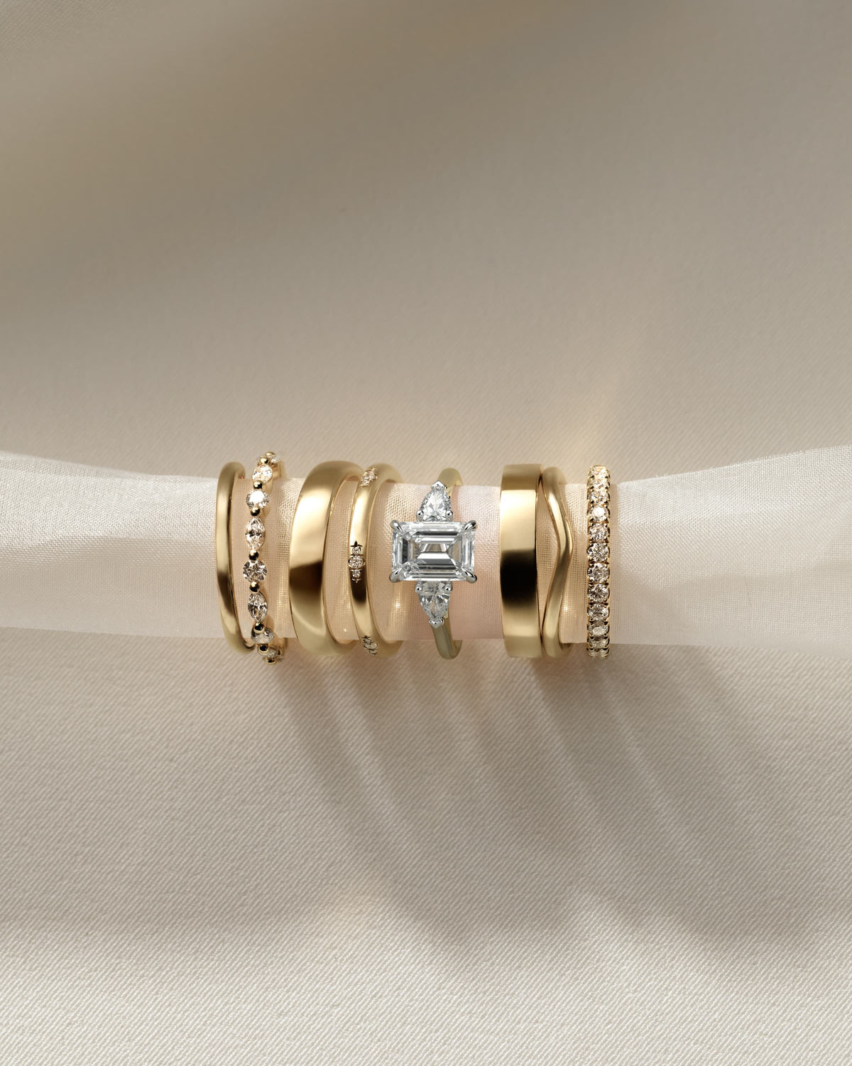 Davina - Emerald Claw Trilogy with Pear Side Stones and Cathedral Setting Engagement Ring - Yellow Two-Tone