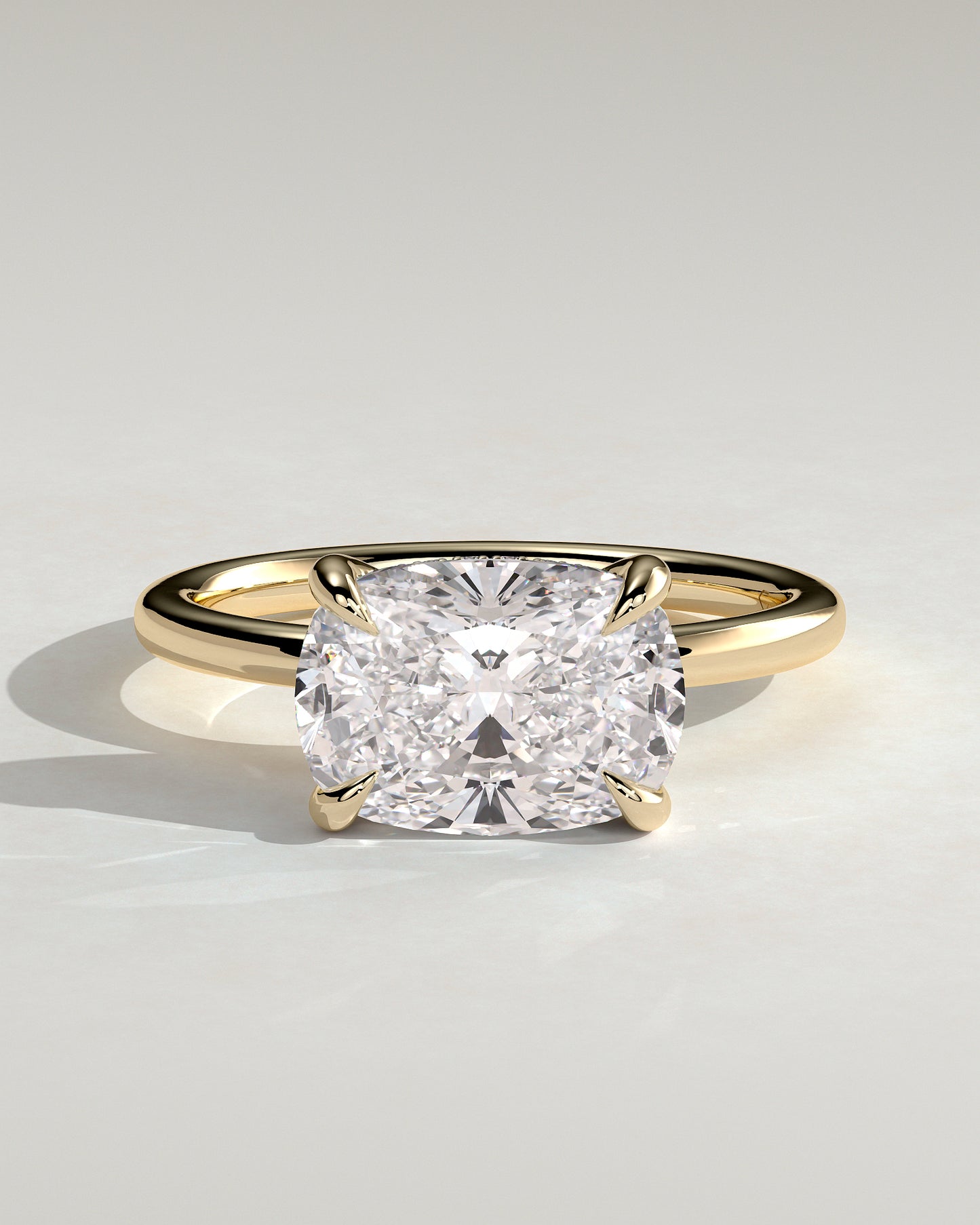 Frida - Elongated Cushion East West Claw Solitaire with Hidden Halo Engagement Ring - Yellow Gold