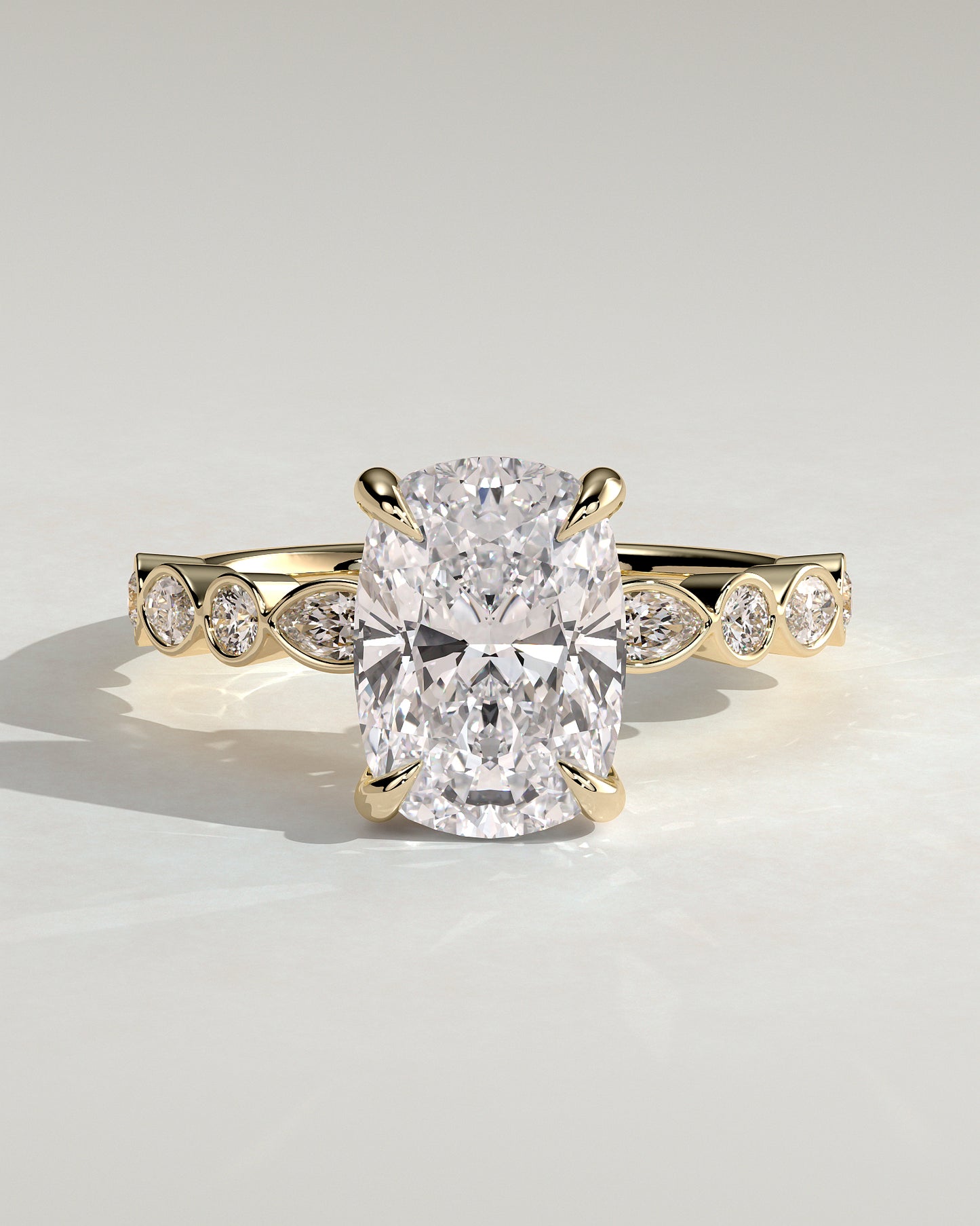 Carrie - Elongated Cushion Claw Solitaire with Round-Marquise Bezel Accent Stones Engagement Ring - Yellow Gold