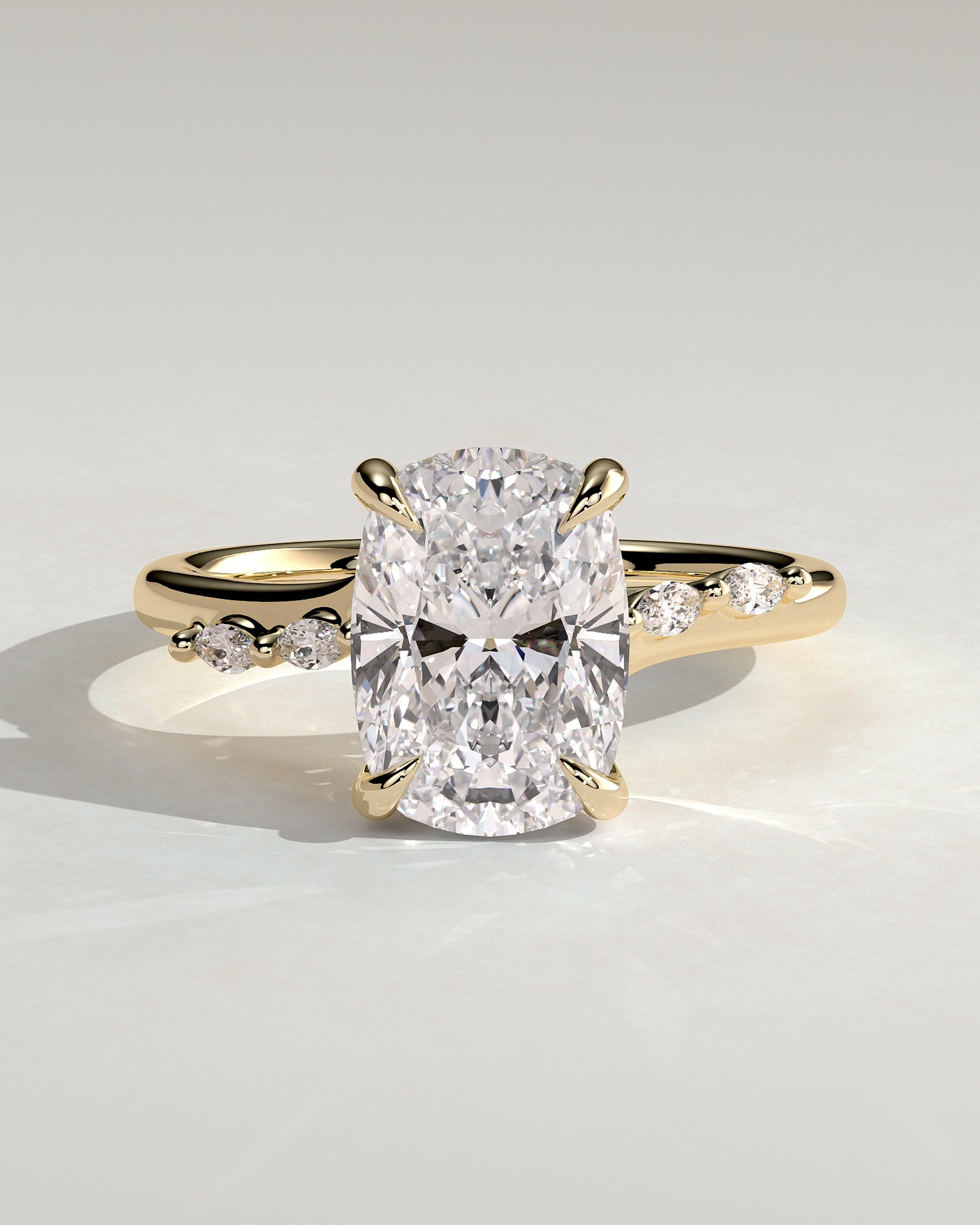 Elle - Elongated Cushion Claw Solitaire with Hidden Halo, Opposing Marquise Accents and Cathedral High Setting Engagement Ring - Yellow Gold