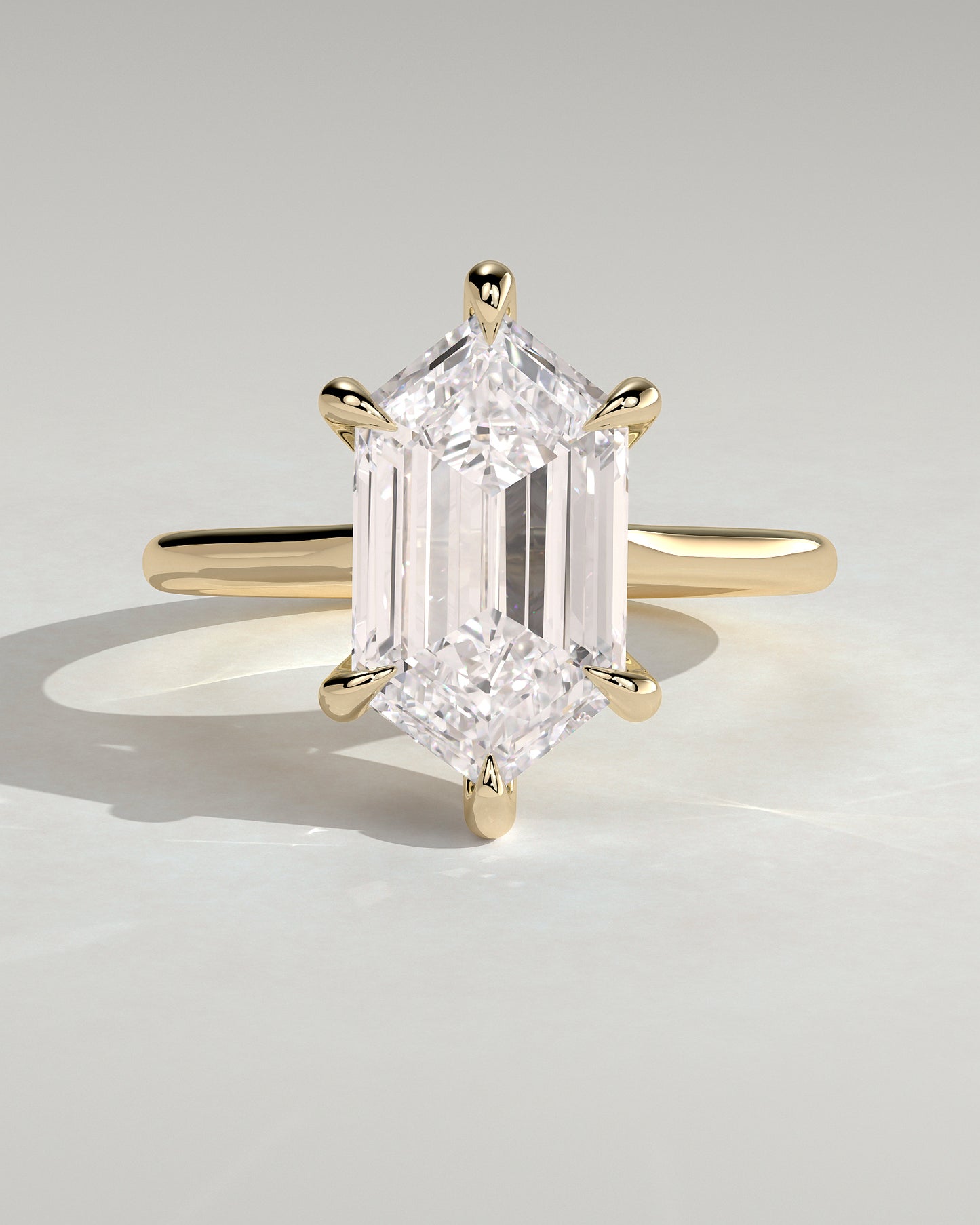 Anastasia - Elongated Hexagon Claw Solitaire with Hidden Halo and Cathedral High Setting Engagement Ring - Yellow Gold