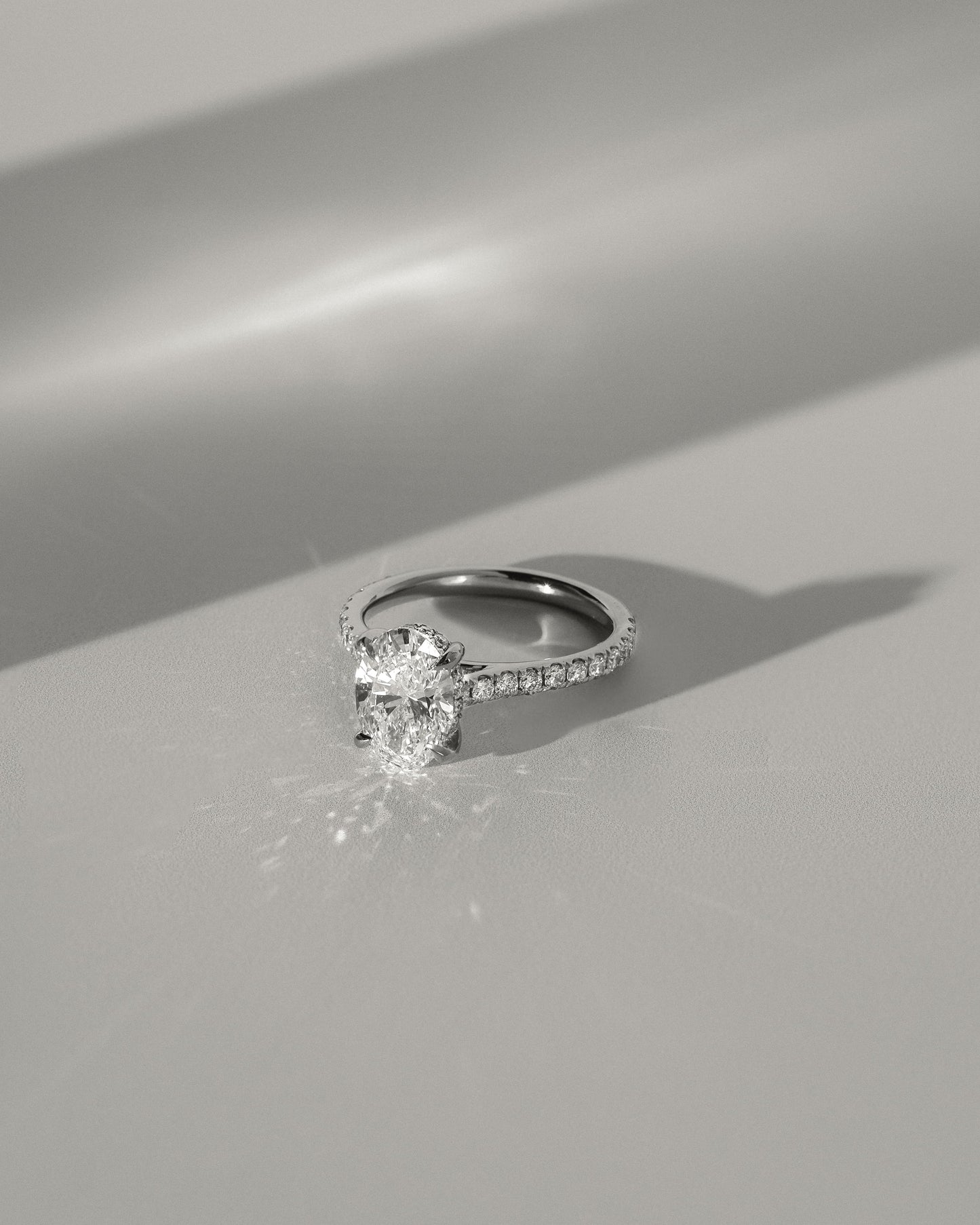 Julia - Oval Claw Solitaire with Hidden Halo, Pave Band and Cathedral High Setting Engagement Ring - Yellow Gold