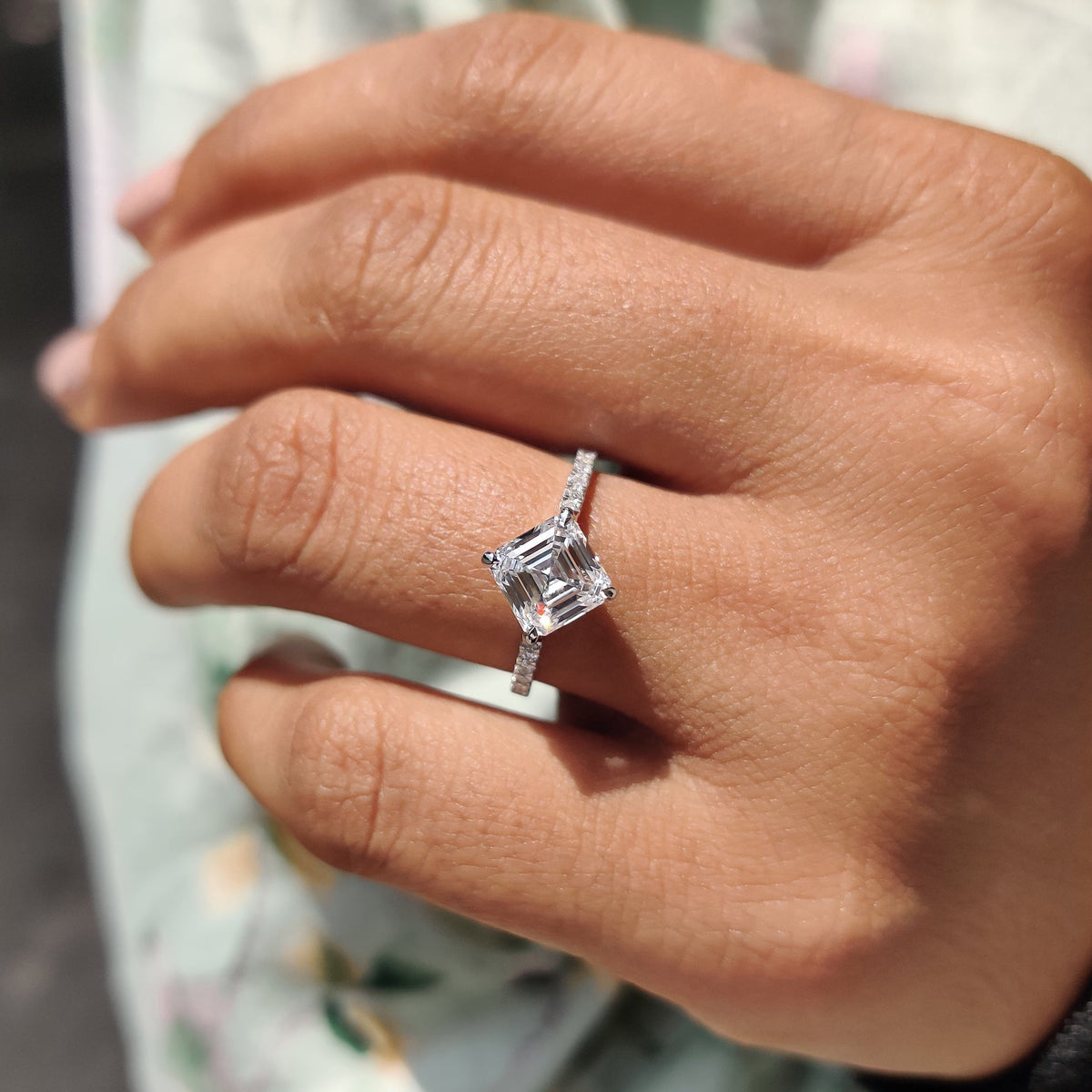 Asscher Cut Engagement Ring With Hidden Halo Design