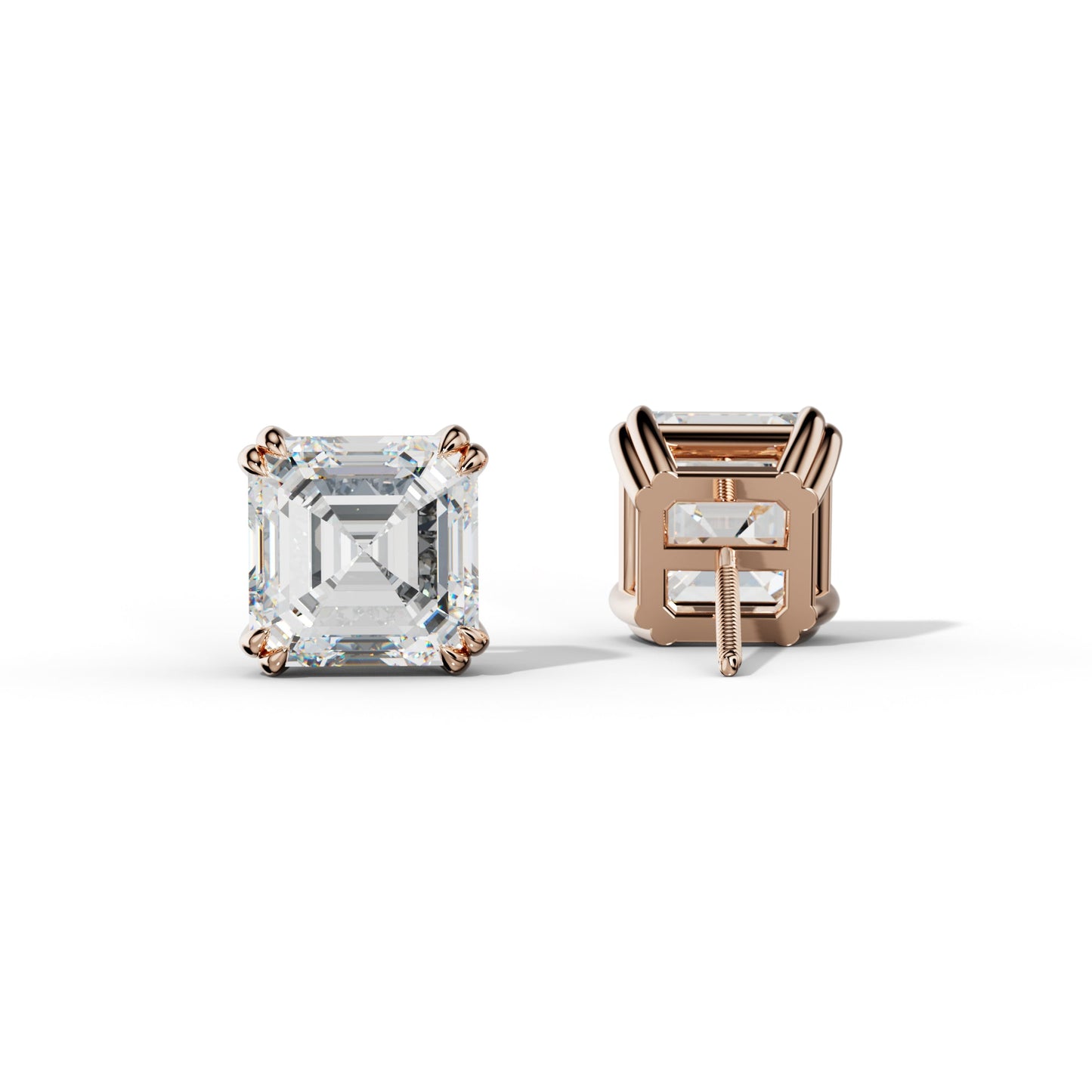 Asscher Diamond Stud Earrings With Claw Double Prongs - 1/2 - Platinum 950