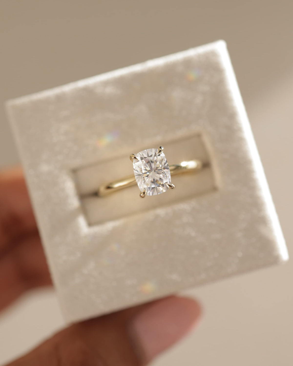 Ava - Elongated Cushion Claw Solitaire with Hidden Halo Engagement Ring - Yellow Gold