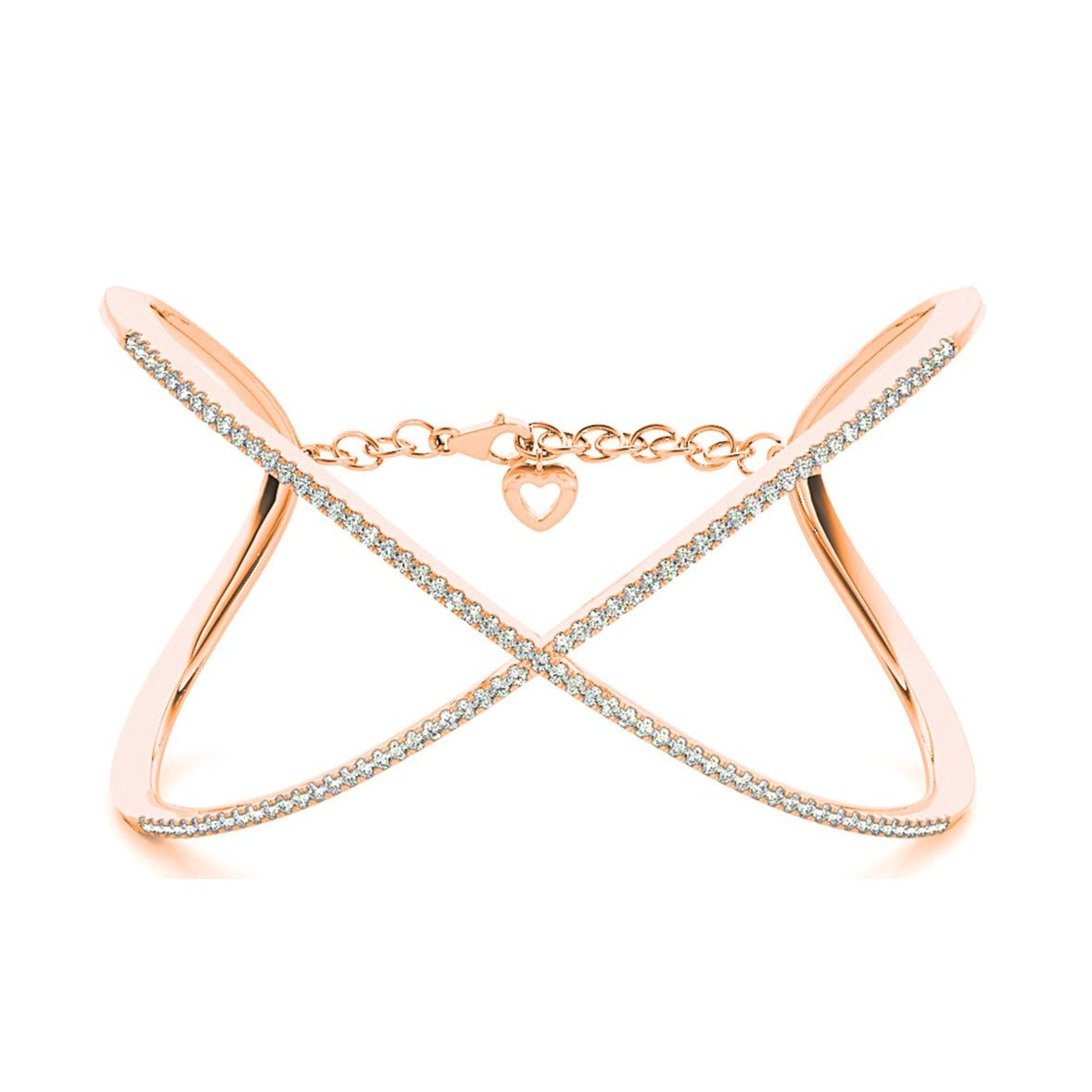 Criss Cross 1.63 ctw Round Diamond Cuff Bangle Bracelet With Security Chain - 18K Rose Gold