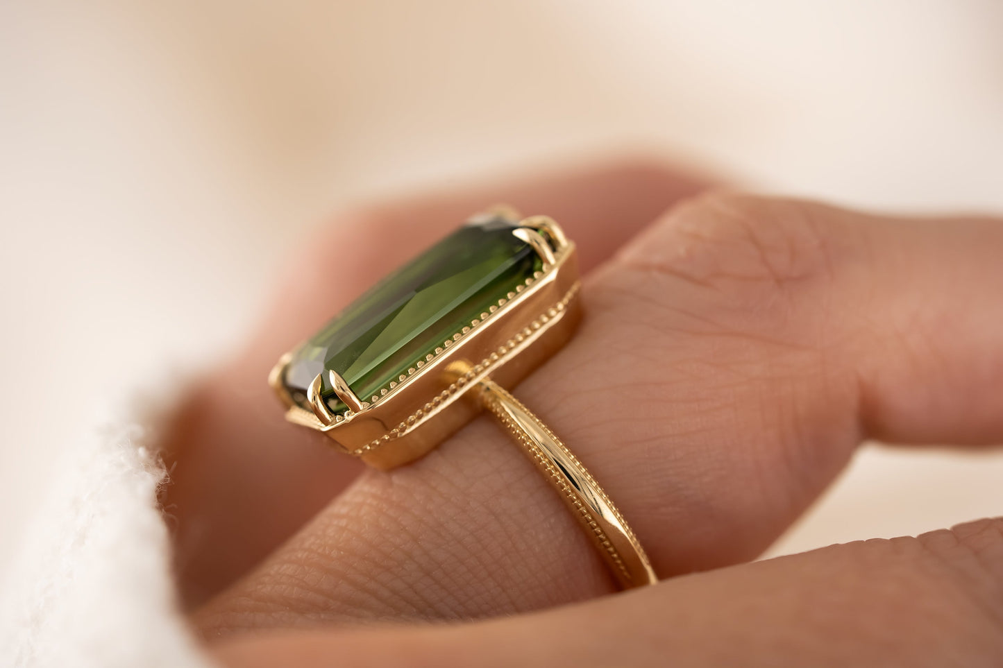 The Apate Ring | 10 CT Fancy Radiant Cut Green Tourmaline