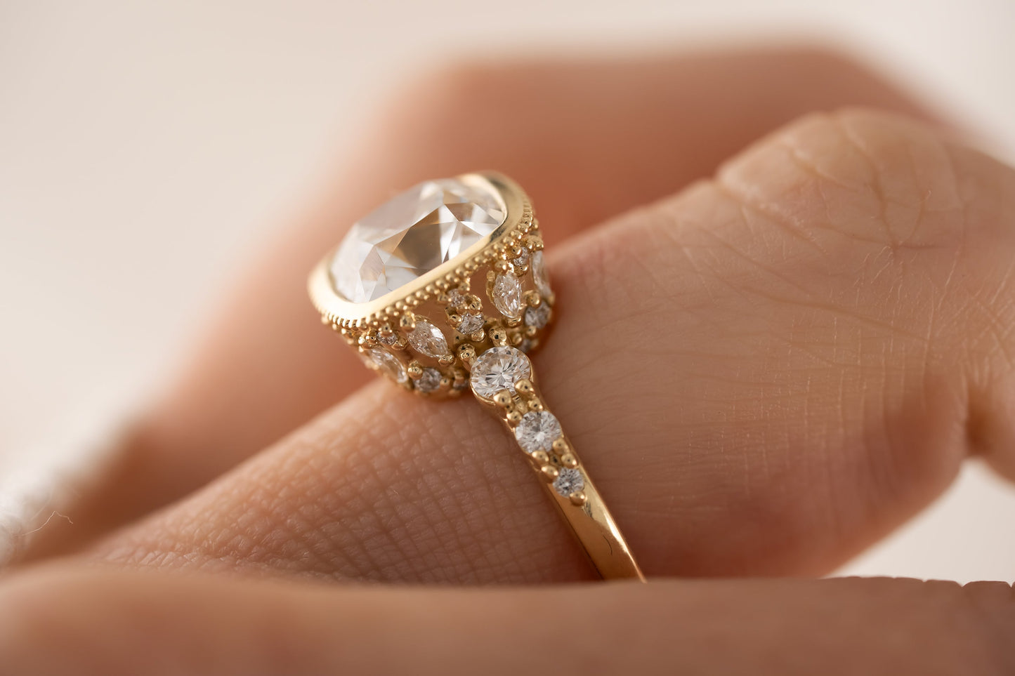 The Sitara Ring | 4.03 CT Old Mine Cushion Cut Diamond
