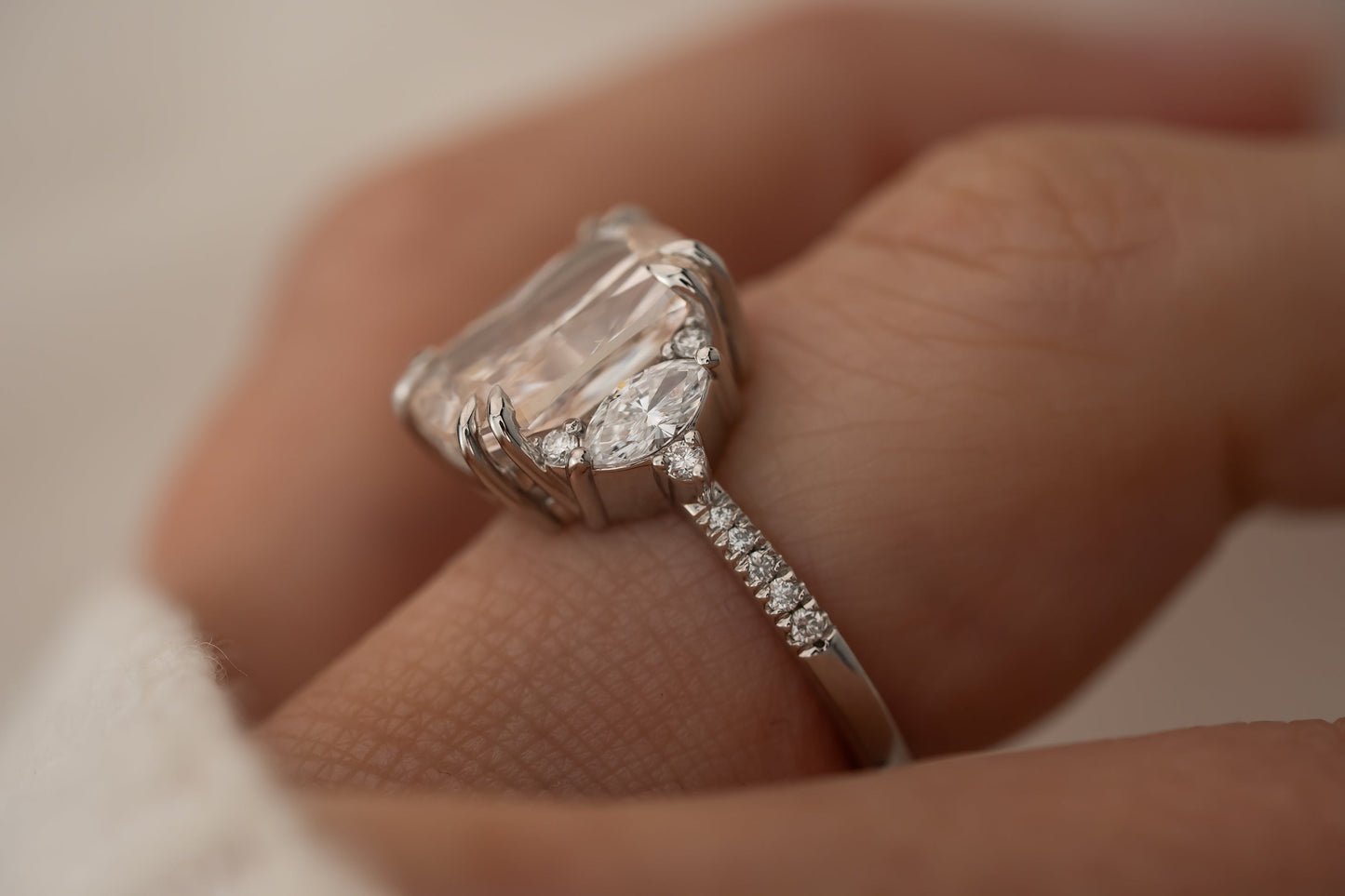 The Low Maren Ring | 5.74 CT Elongated Cushion Pale Pink Diamond