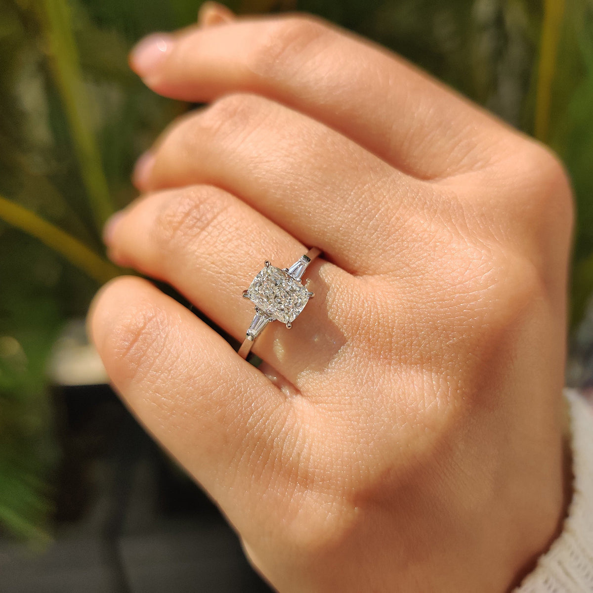 3 Stone Engagement Ring With Cushion And Tapered Baguette