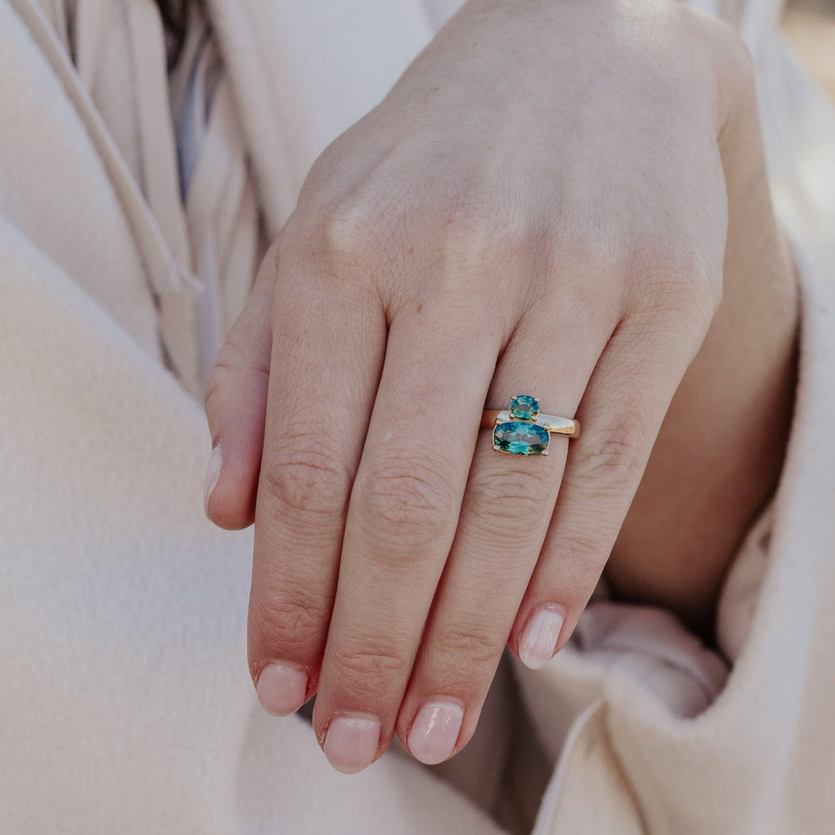 The Reese Long Cushion Teal Montana Sapphire Ring