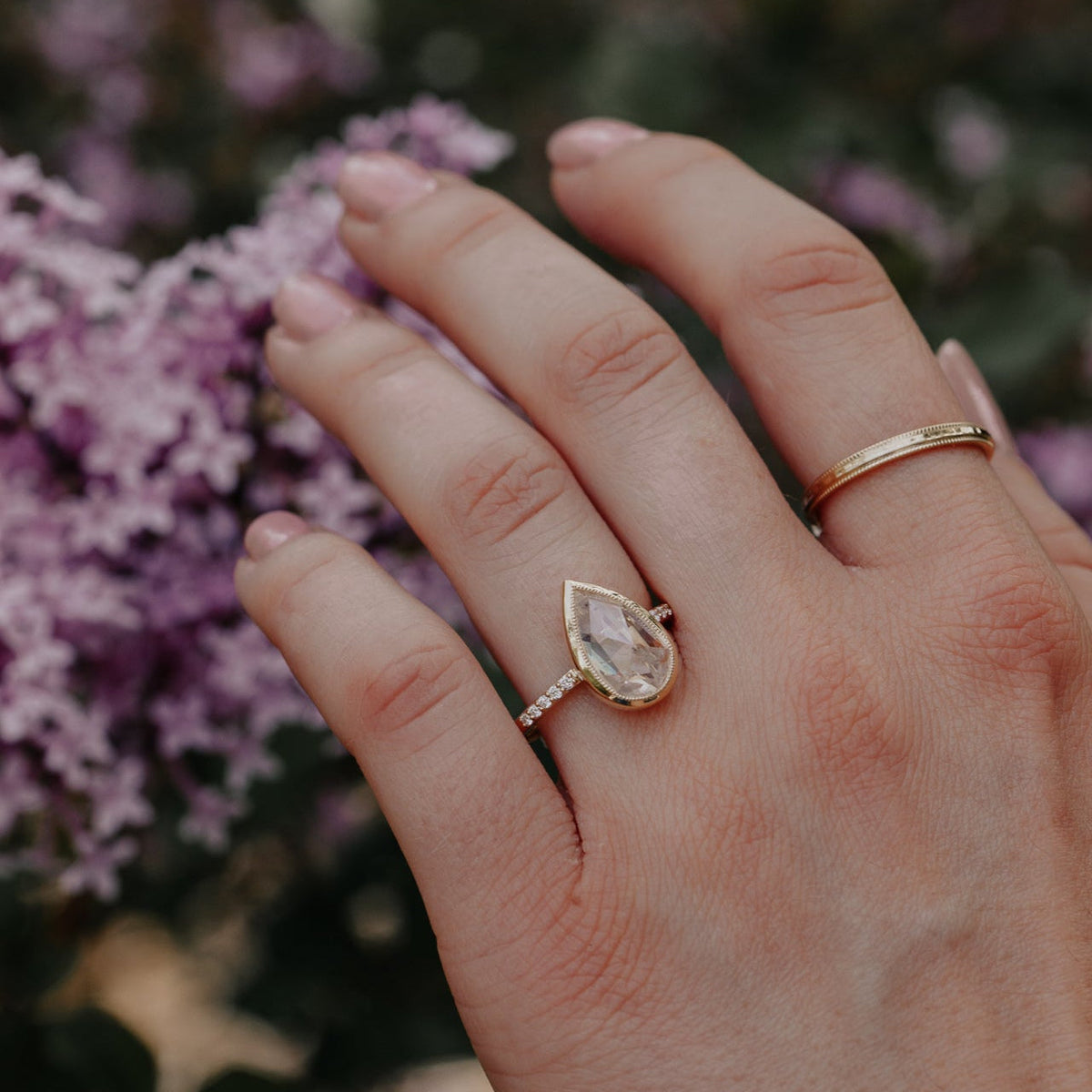 The Lyell Pear Clear and Peach Rustic Diamond Ring