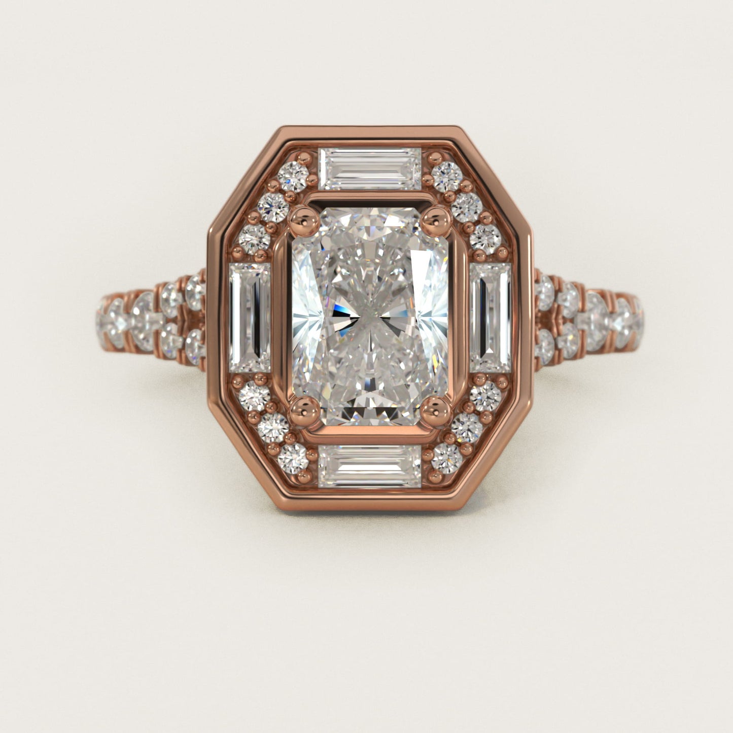 Art Deco Hexagon Halo Diamond Engagement Ring in 18k Rose Gold (3/4 ct. tw.) By Zac Zac Posen - Radiant Center