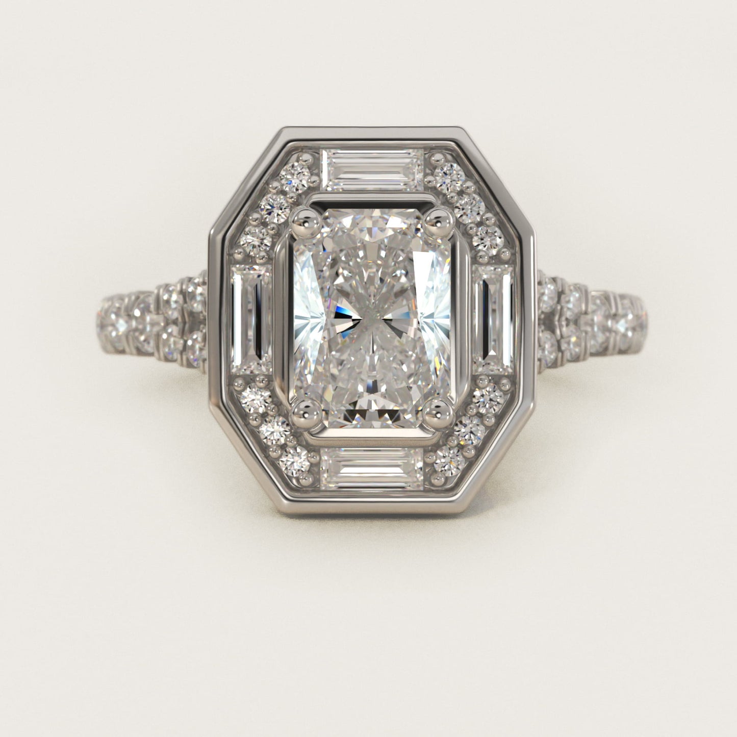 Art Deco Hexagon Halo Diamond Engagement Ring in 14k White Gold (3/4 ct. tw.) By Zac Zac Posen - Radiant Center