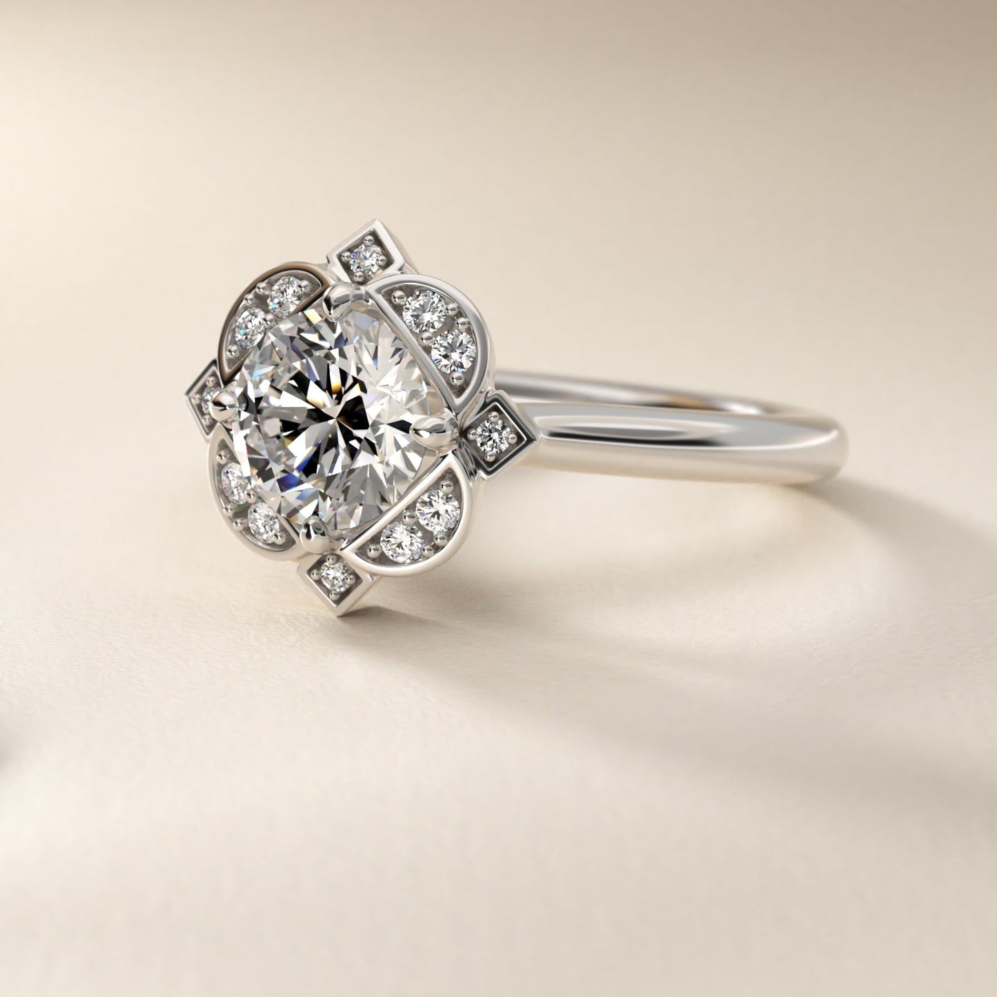 Art Deco Inspired Floral Halo Vintage-Style Engagement Ring In Platinum By James Allen - Round Center