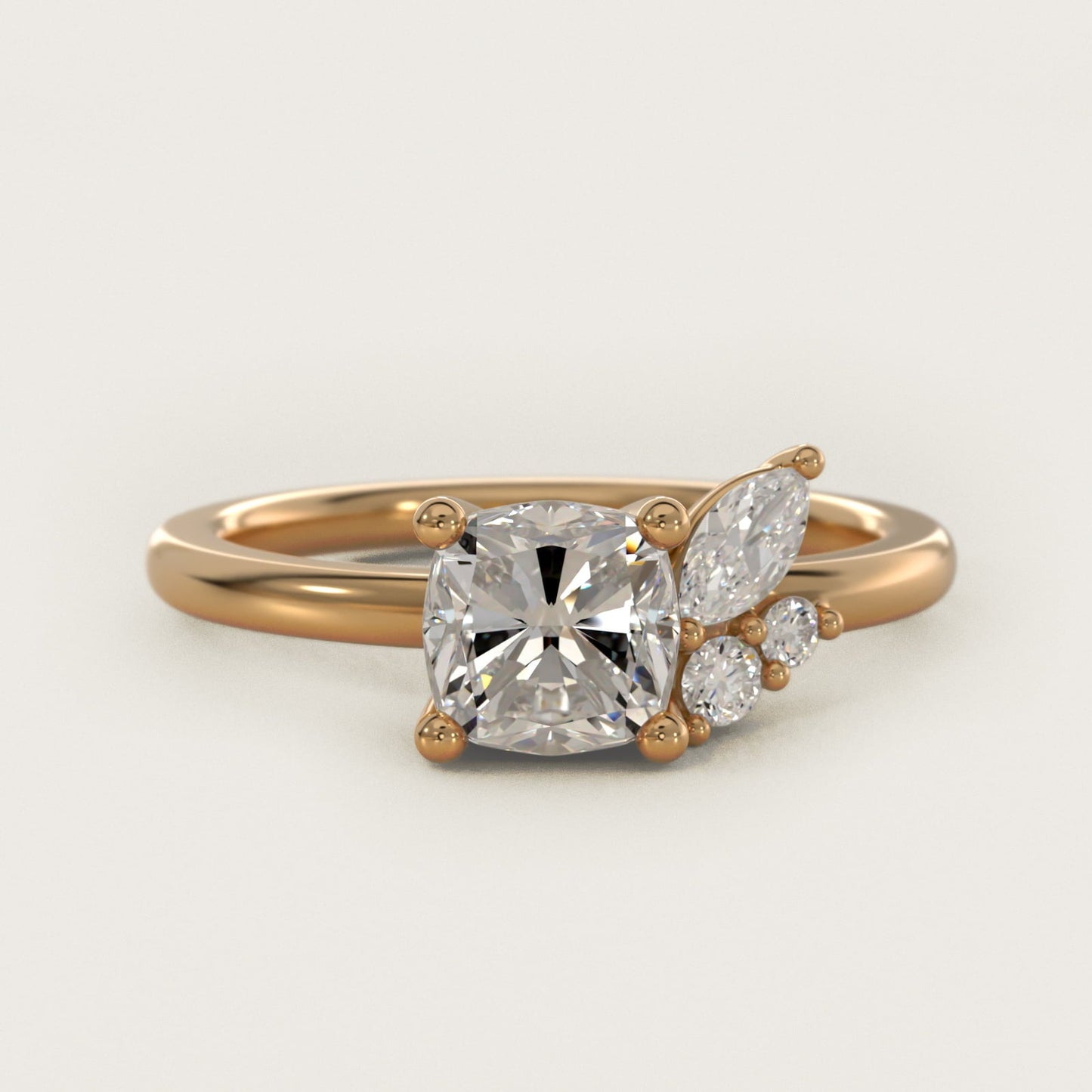 Asymmetrical Marquise and Round Cluster Diamond Engagement Ring in 18k Yellow Gold - Cushion Center