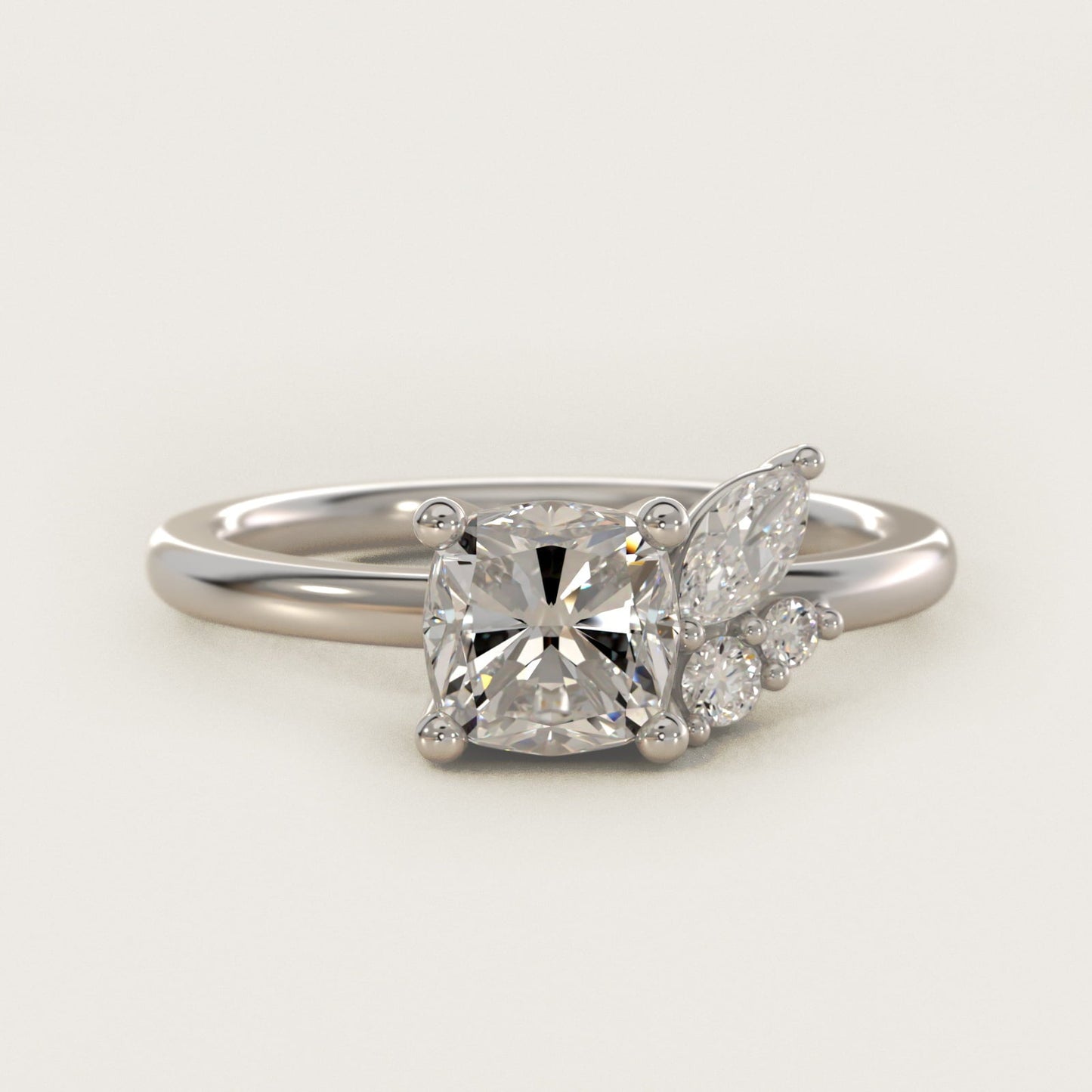 Asymmetrical Marquise and Round Cluster Diamond Engagement Ring in Platinum - Cushion Center