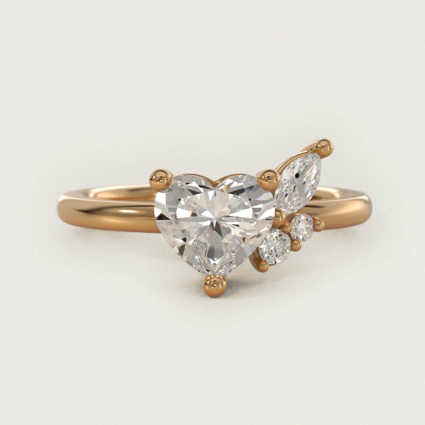 Asymmetrical Marquise and Round Cluster Diamond Engagement Ring in 18k Yellow Gold - Heart Center