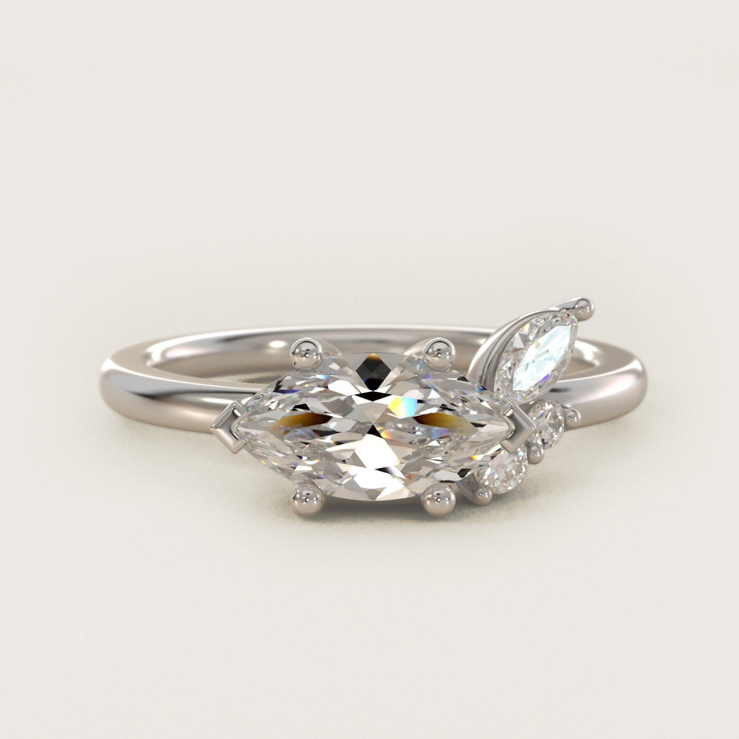 Asymmetrical Marquise and Round Cluster Diamond Engagement Ring in 18k White Gold - Marquise Center
