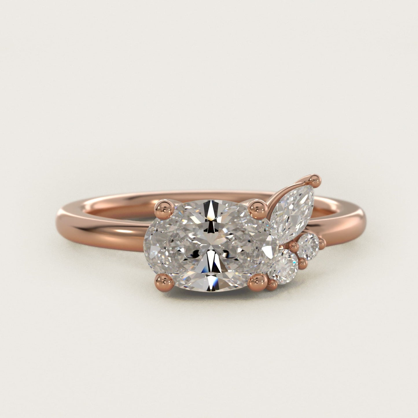 Asymmetrical Marquise and Round Cluster Diamond Engagement Ring in 18k Rose Gold - Oval Center