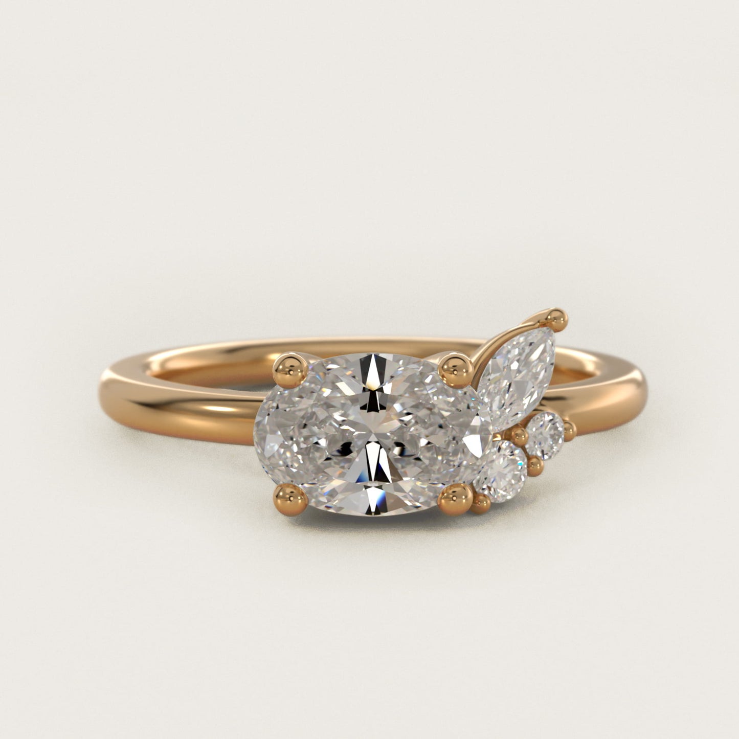 Asymmetrical Marquise and Round Cluster Diamond Engagement Ring in 14k Yellow Gold - Oval Center