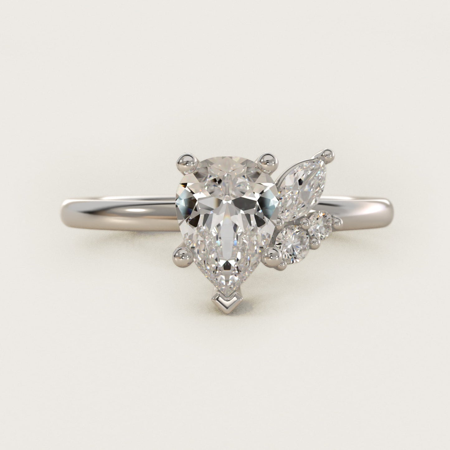 Asymmetrical Marquise and Round Cluster Diamond Engagement Ring in 14k White Gold - Pear Center