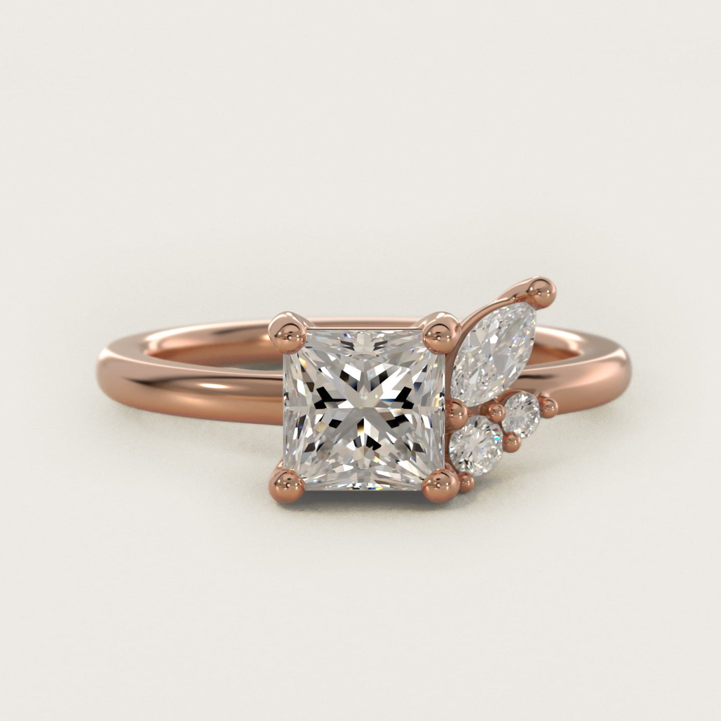 Asymmetrical Marquise and Round Cluster Diamond Engagement Ring in 14k Rose Gold - Princess Center