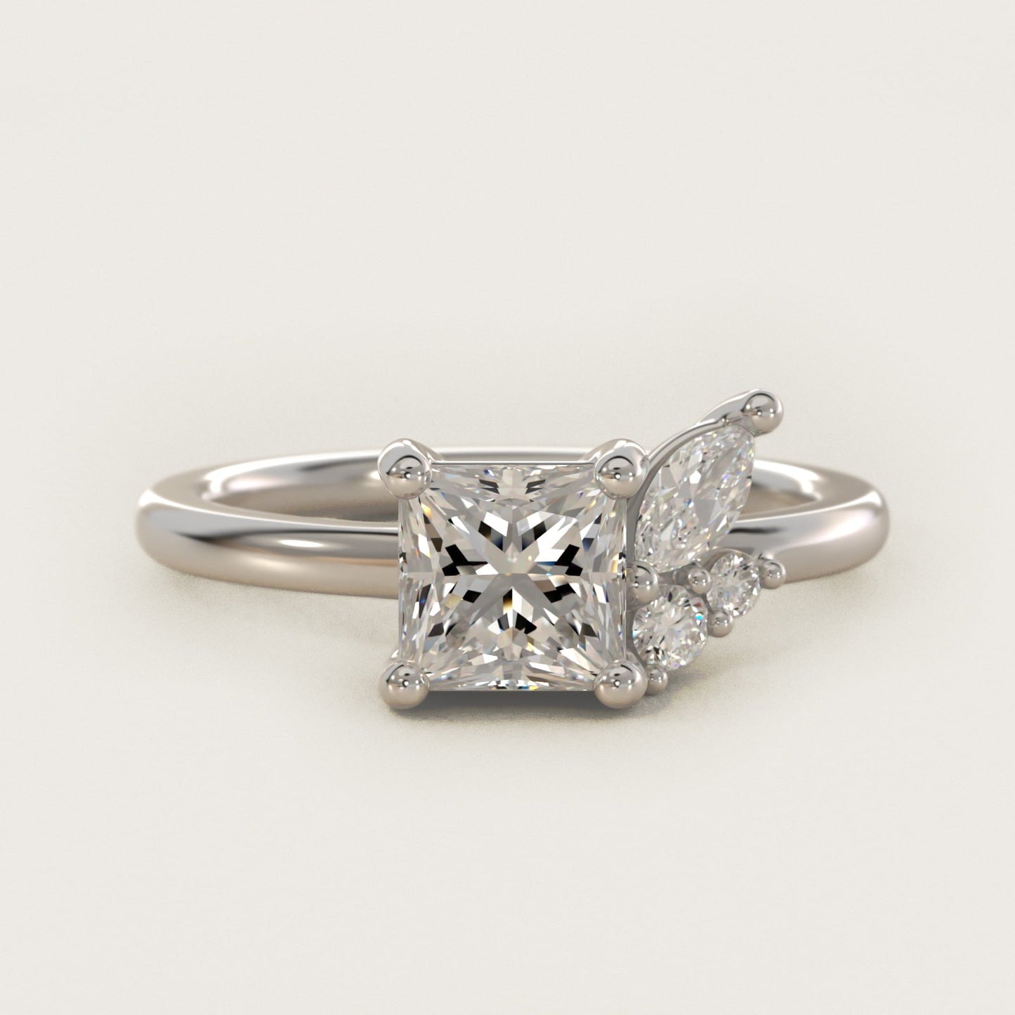 Asymmetrical Marquise and Round Cluster Diamond Engagement Ring in 18k White Gold - Princess Center