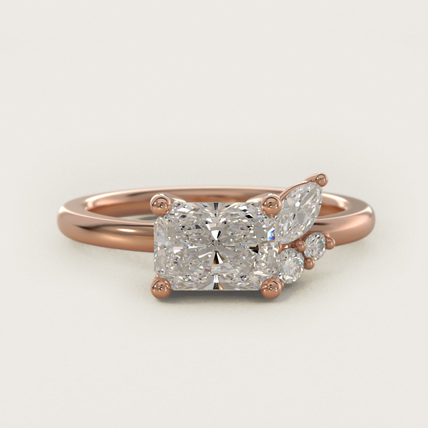 Asymmetrical Marquise and Round Cluster Diamond Engagement Ring in 14k Rose Gold - Radiant Center