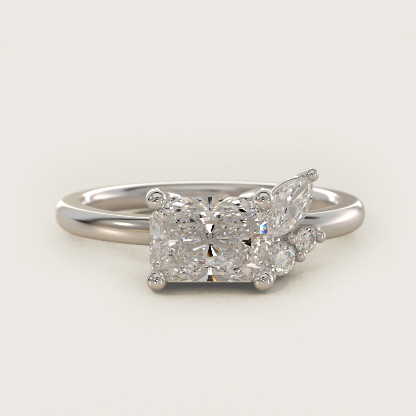 Asymmetrical Marquise and Round Cluster Diamond Engagement Ring in Platinum - Radiant Center