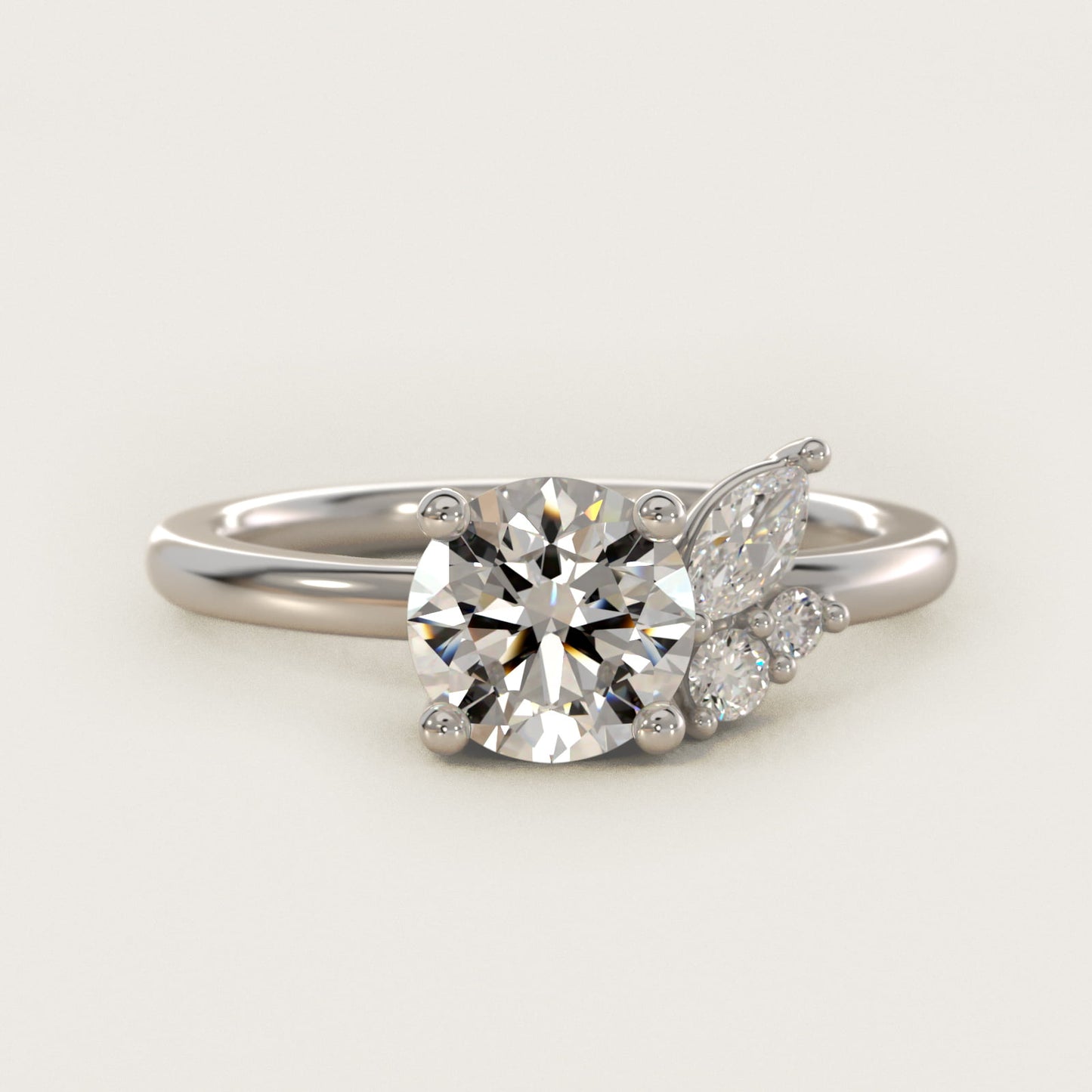 Asymmetrical Marquise and Round Cluster Diamond Engagement Ring in 14k White Gold - Round Center
