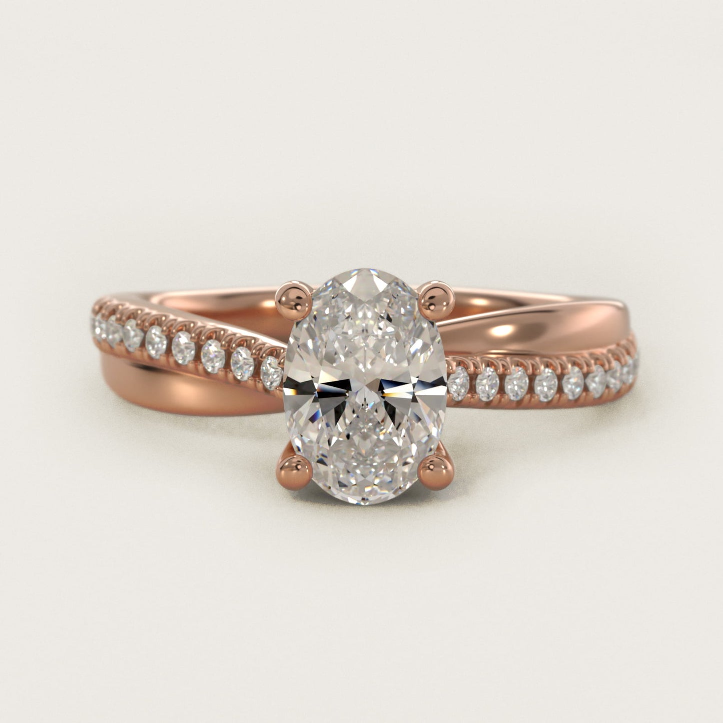 Asymmetrical PavŽ Diamond Engagement Ring in 14k Rose Gold - Oval Center