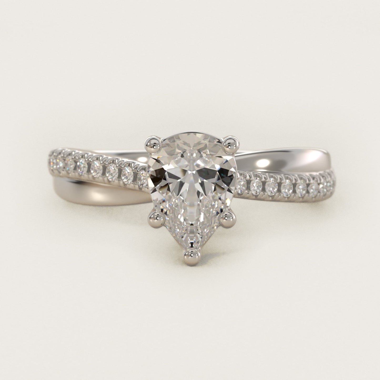 Asymmetrical PavŽ Diamond Engagement Ring in 14k White Gold - Pear Center