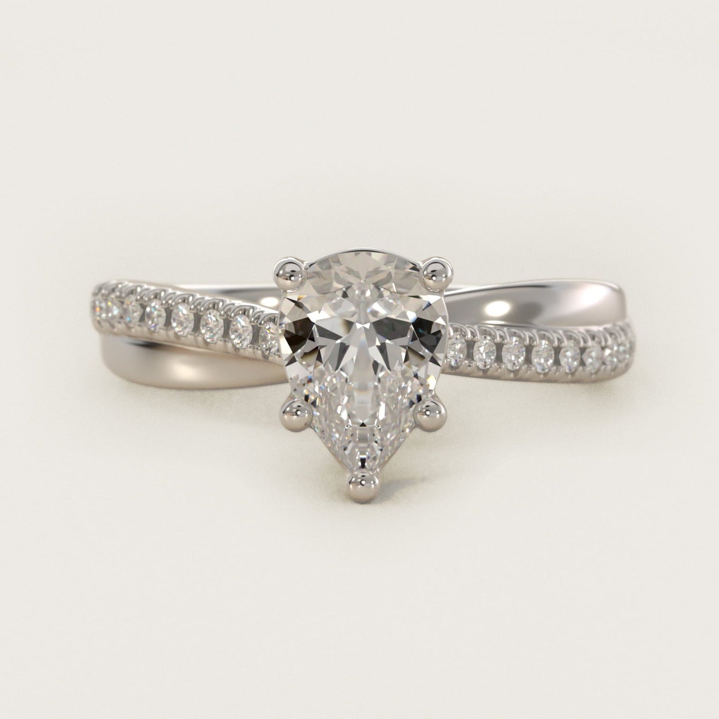 Asymmetrical Pav? Diamond Engagement Ring in 18k White Gold - Pear Center