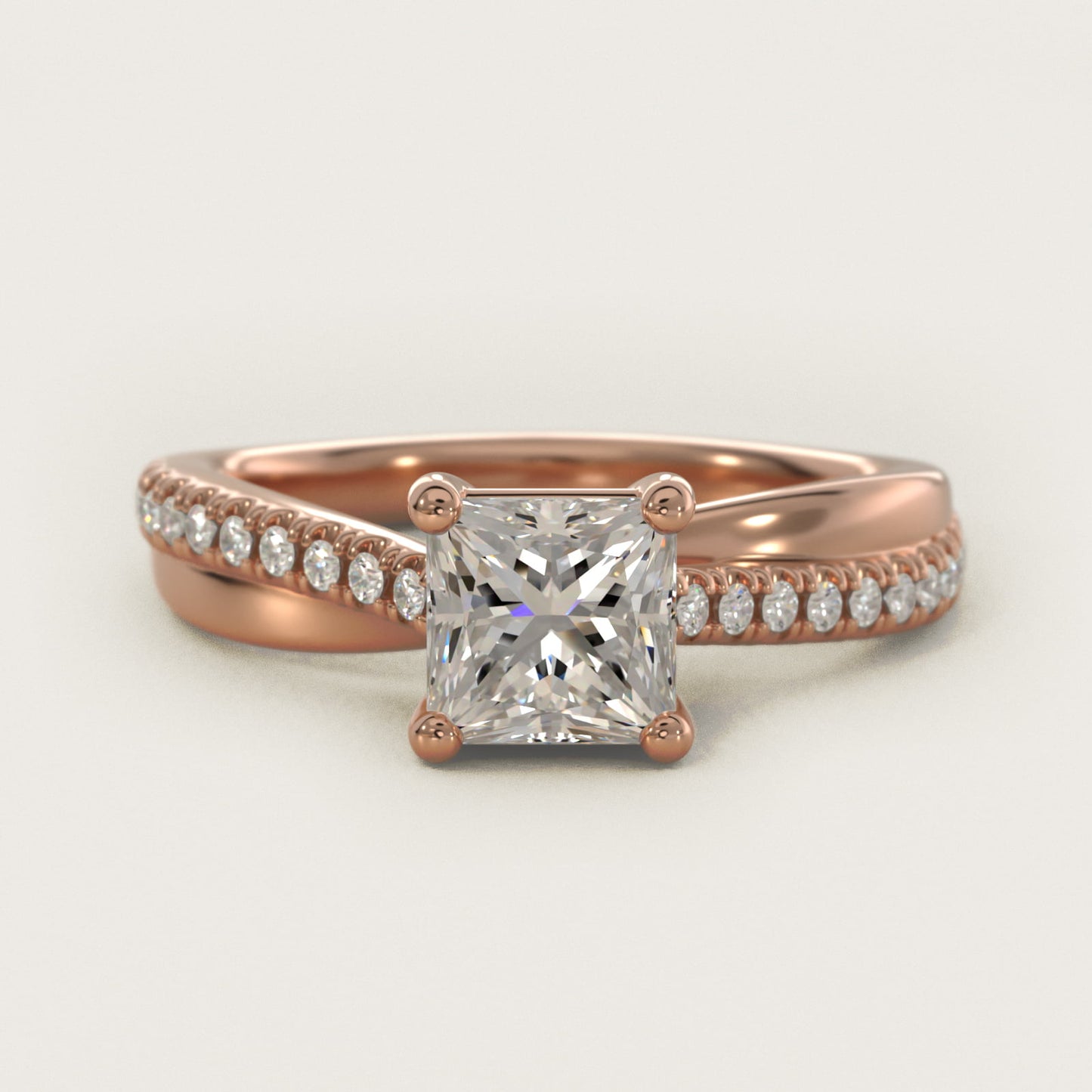 Asymmetrical PavŽ Diamond Engagement Ring in 14k Rose Gold - Princess Center