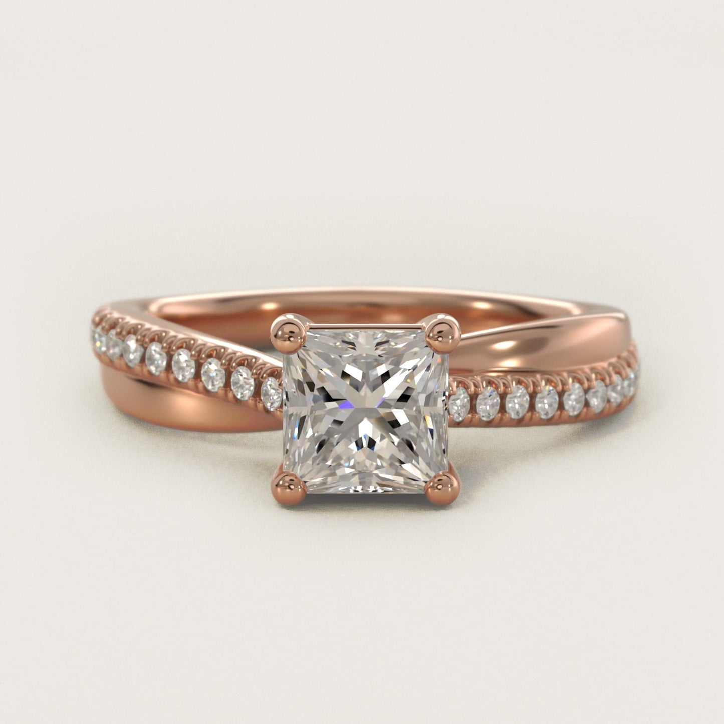Asymmetrical Pav? Diamond Engagement Ring in 18k Rose Gold - Princess Center