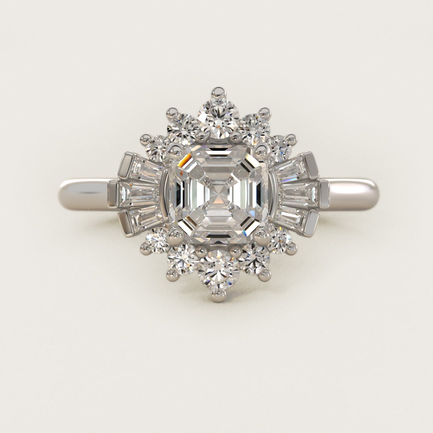 Baguette and Round Ballerina Halo Diamond Engagement Ring in 18k White Gold (1ct. tw.) - Asscher Center