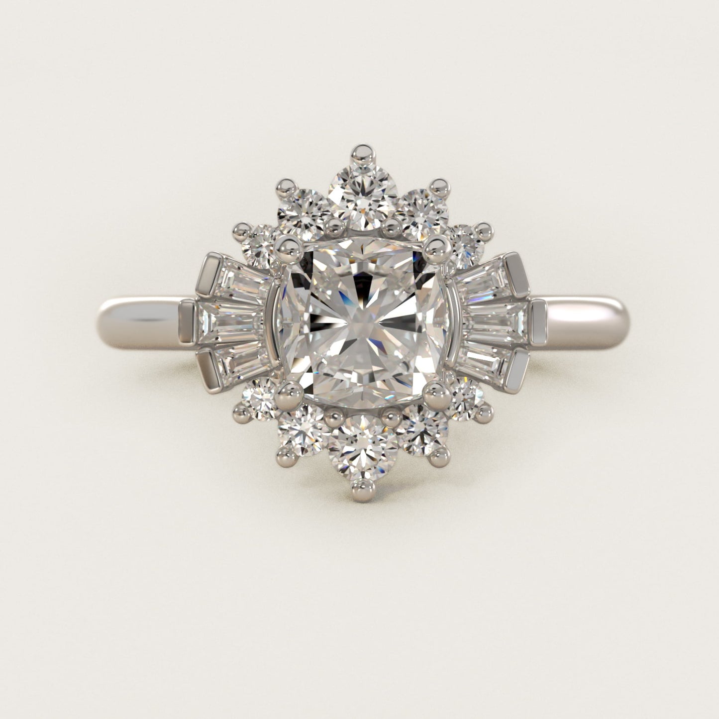 Baguette and Round Ballerina Halo Diamond Engagement Ring in 14k White Gold (1ct. tw.) - Cushion Center