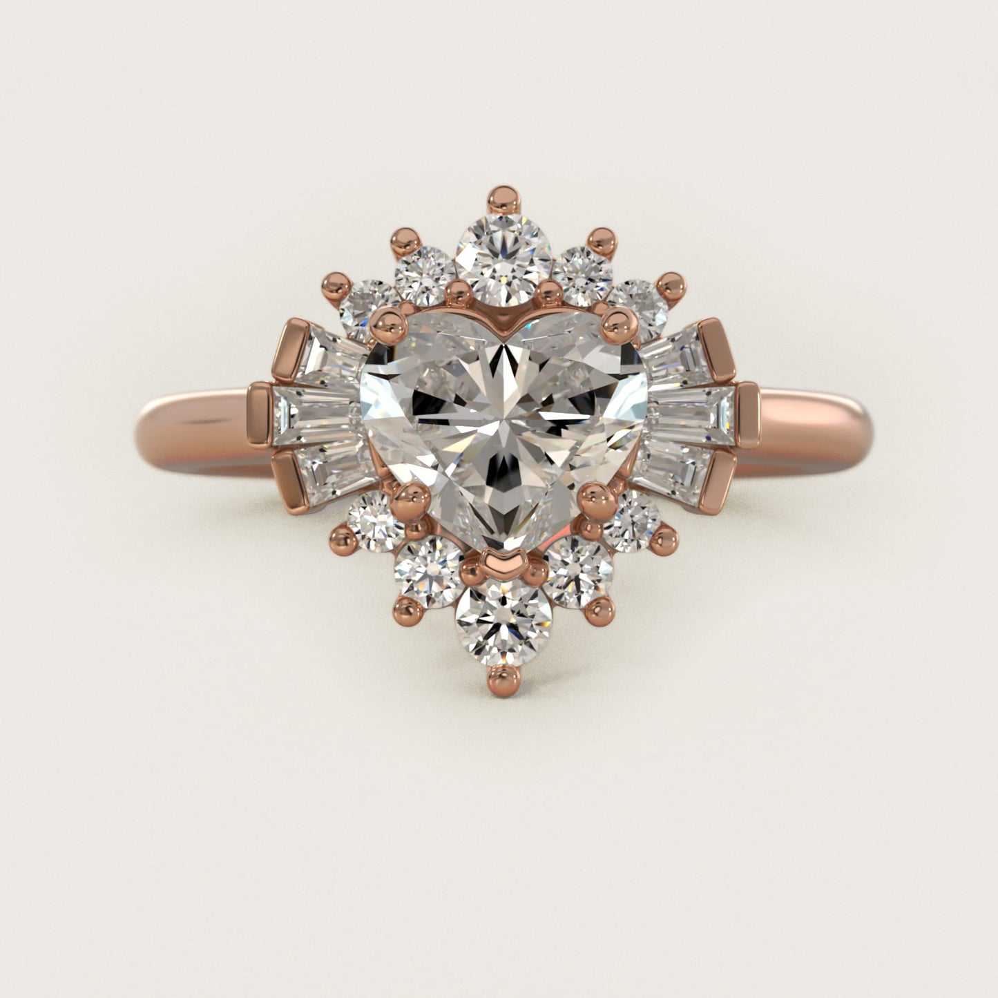 Baguette and Round Ballerina Halo Diamond Engagement Ring in 18k Rose Gold - Heart Center