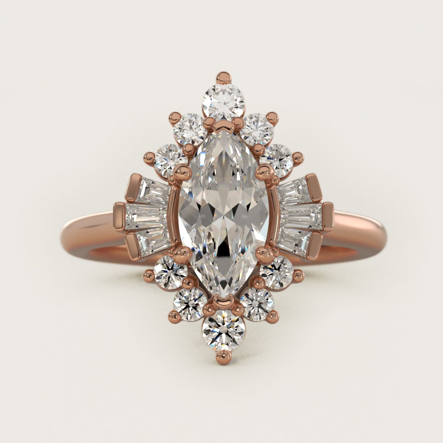 Baguette and Round Ballerina Halo Diamond Engagement Ring in 18k Rose Gold - Marquise Center