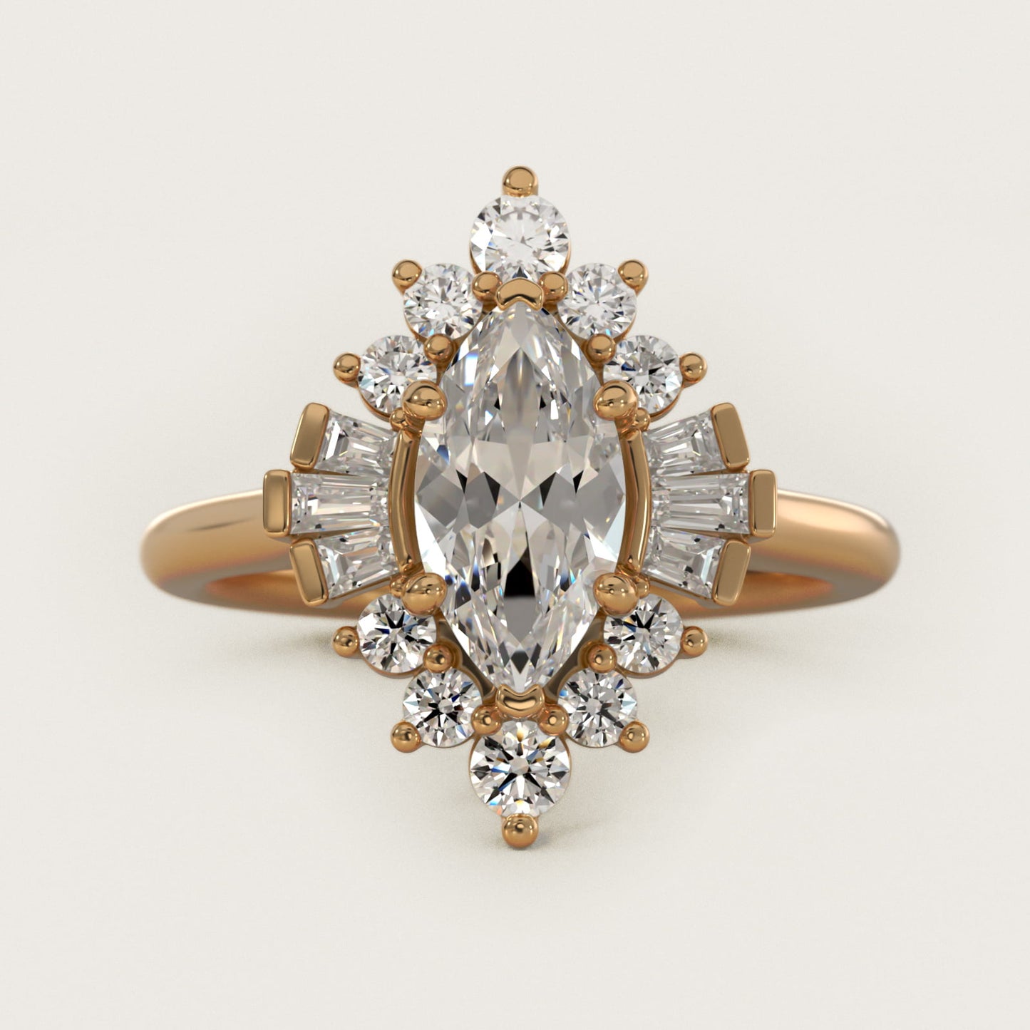 Baguette and Round Ballerina Halo Diamond Engagement Ring in 18k Yellow Gold - Marquise Center