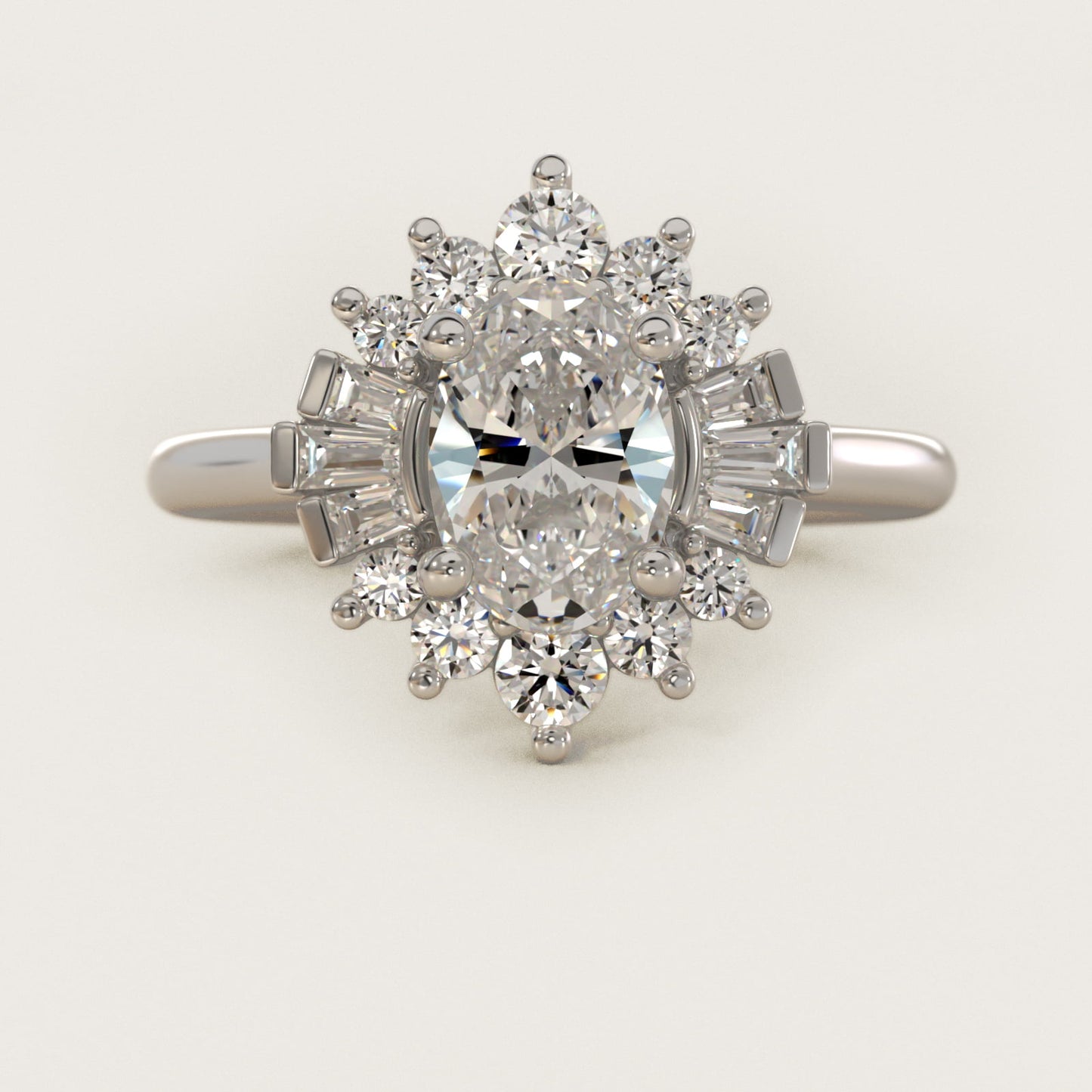 Baguette and Round Ballerina Halo Diamond Engagement Ring in 14k White Gold (1ct. tw.) - Oval Center