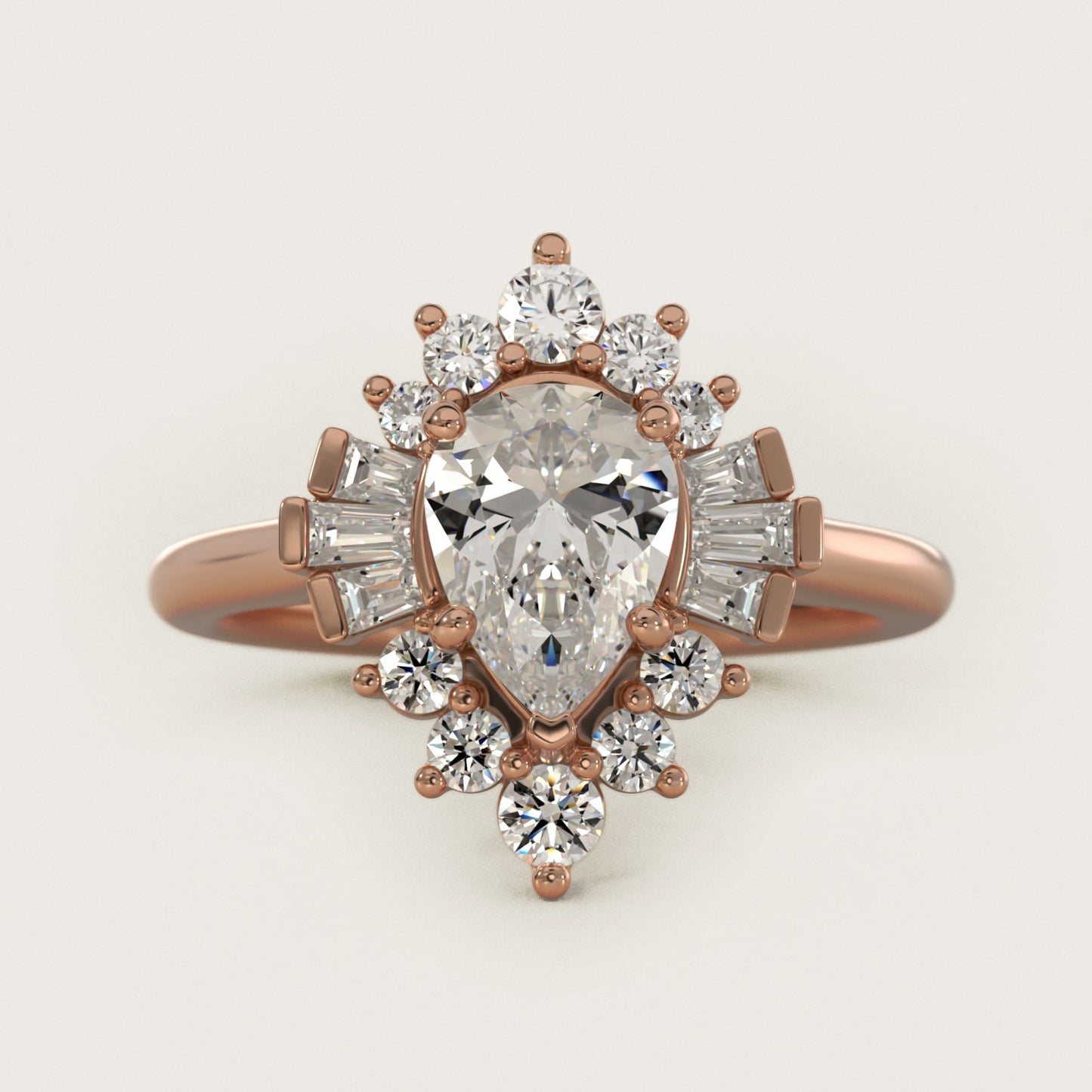 Baguette and Round Ballerina Halo Diamond Engagement Ring in 18k Rose Gold - Pear Center