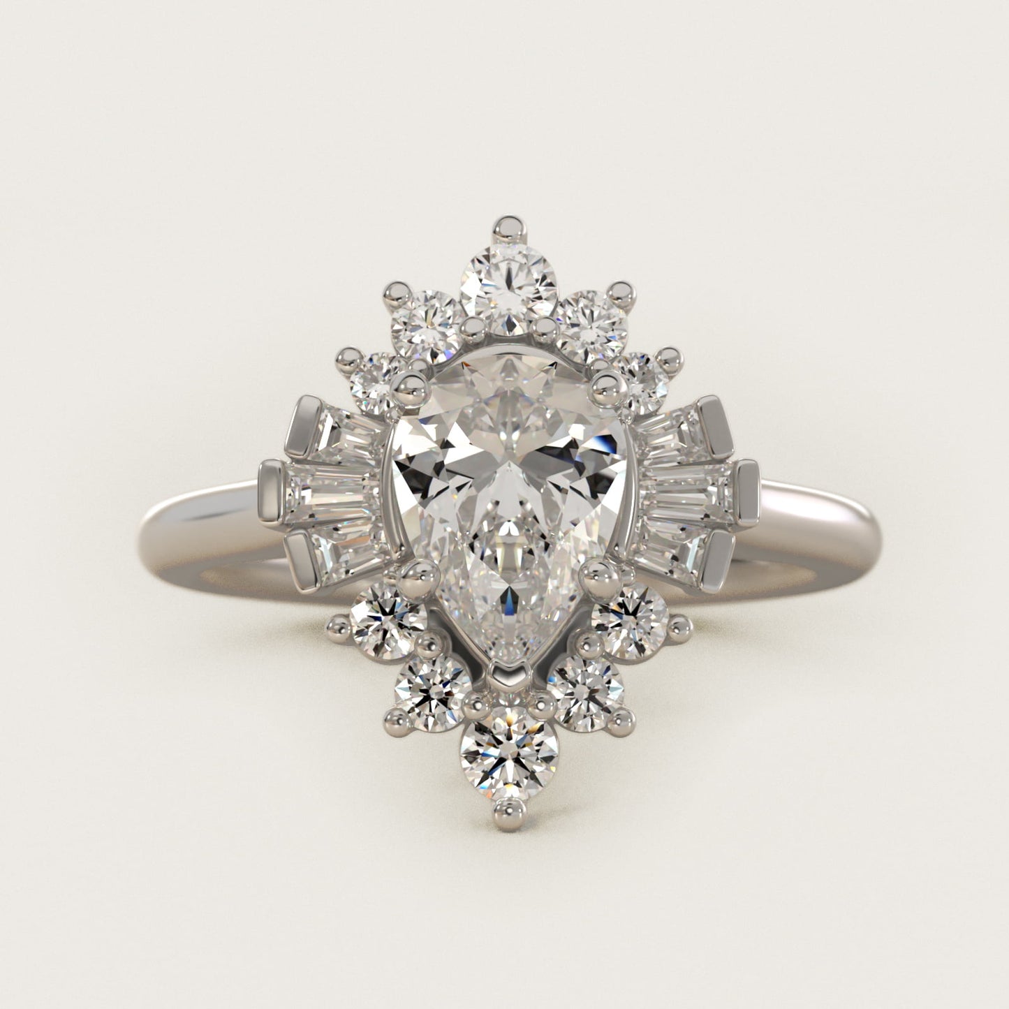 Baguette and Round Ballerina Halo Diamond Engagement Ring in Platinum - Pear Center